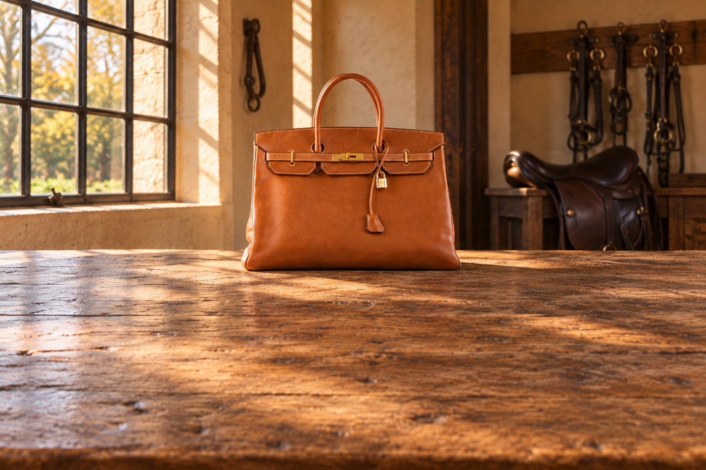 Editorial illustration based on Hermès Birkin 40 in smooth Fauve Barenia leather with gold hardware, showing its developed patina, JaneFinds
