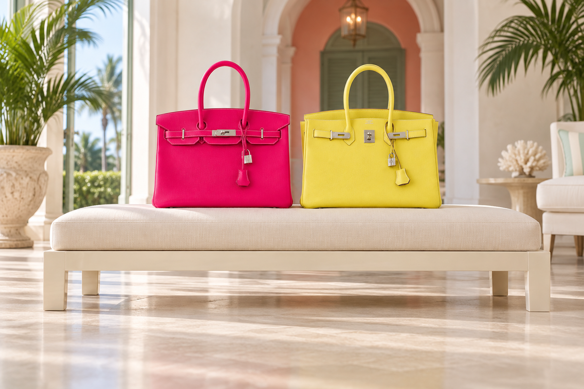 Editorial illustration based on Hermès Candy Birkin 35 in Rose Tyrien Epsom with a Rubis interior and palladium hardware