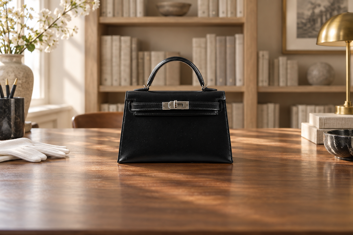 Editorial reading-room scene featuring a black Box leather Mini Kelly, based on a JaneFinds photograph.