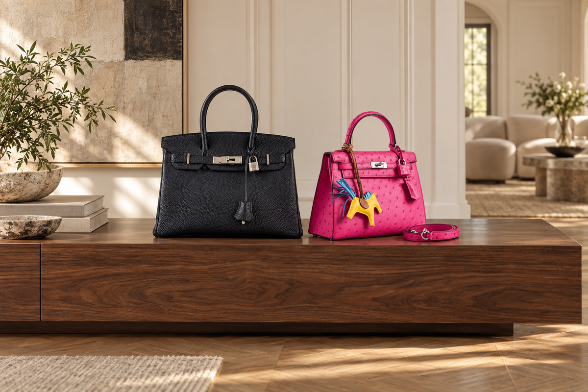 Editorial scene with a black Togo Birkin and Rose Tyrien ostrich Kelly on a walnut console, based on JaneFinds photographs.