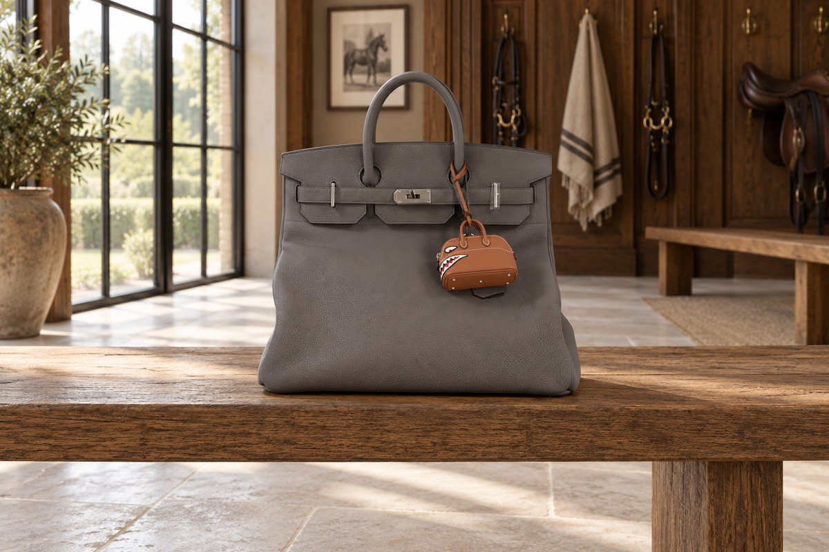 Editorial equestrian gallery scene featuring an Étain Togo Haut à Courroies with its existing Bolide charm, based on a JaneFinds photograph.