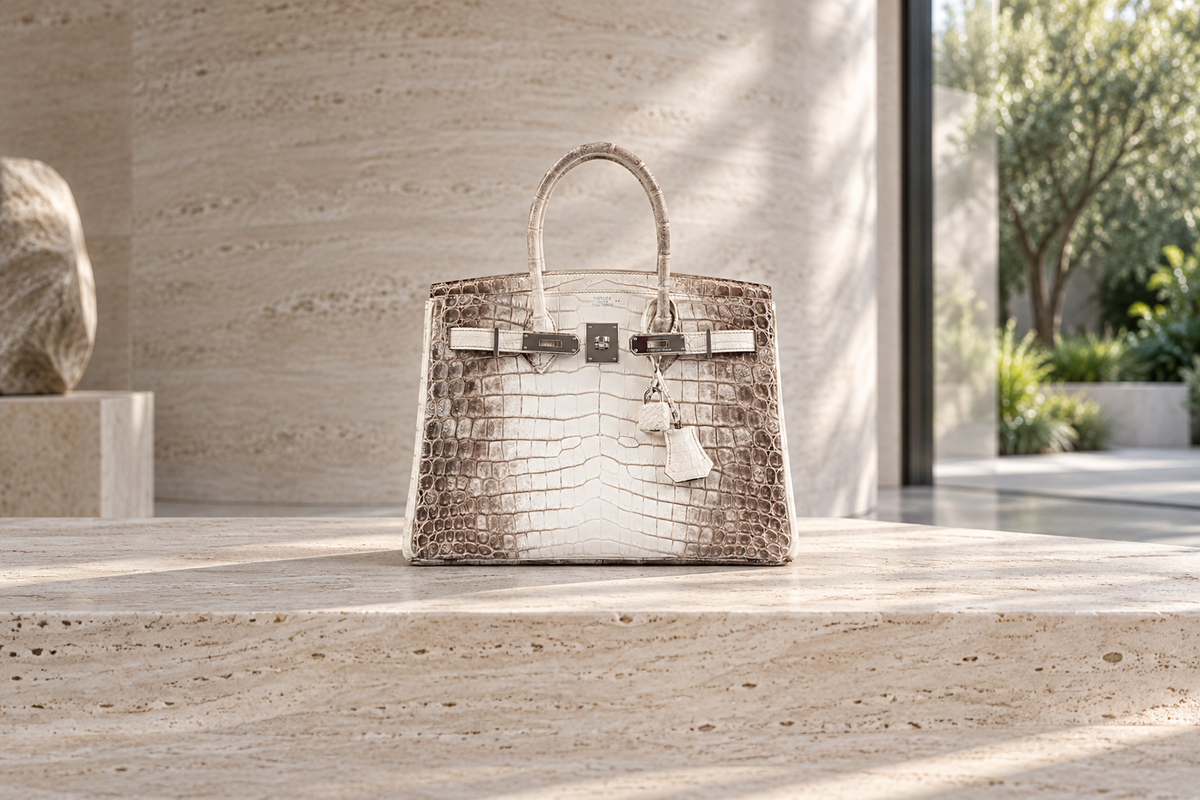 Editorial illustration based on Hermès Birkin 30 in matte Himalaya Niloticus crocodile with palladium hardware, shown from the front with open sangles, JaneFinds