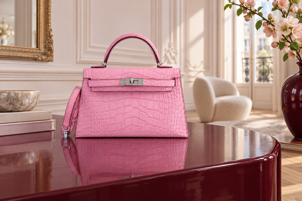 Editorial illustration based on Hermès Mini Kelly II 20 in 5P Bubblegum Pink matte alligator with palladium hardware