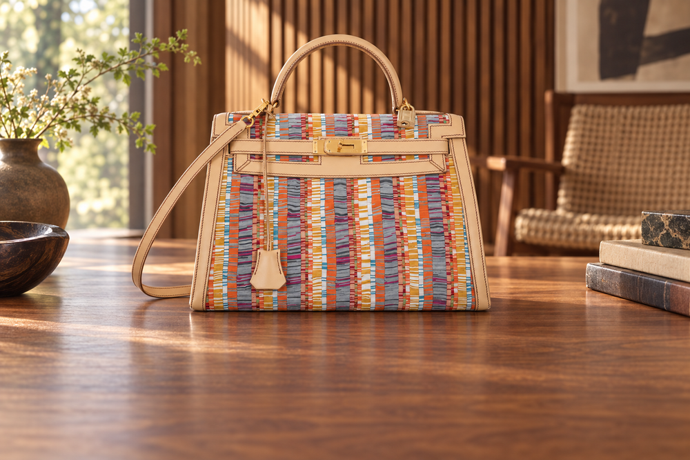 Editorial illustration based on Hermès Kelly 32 Retourné in multicolor Vibrato with Natural leather trim and gold hardware