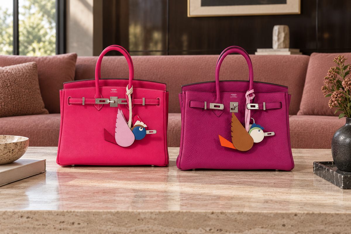 Editorial illustration based on Two Hermès Birkin bags in bright pink and purple, photographed together for JaneFinds