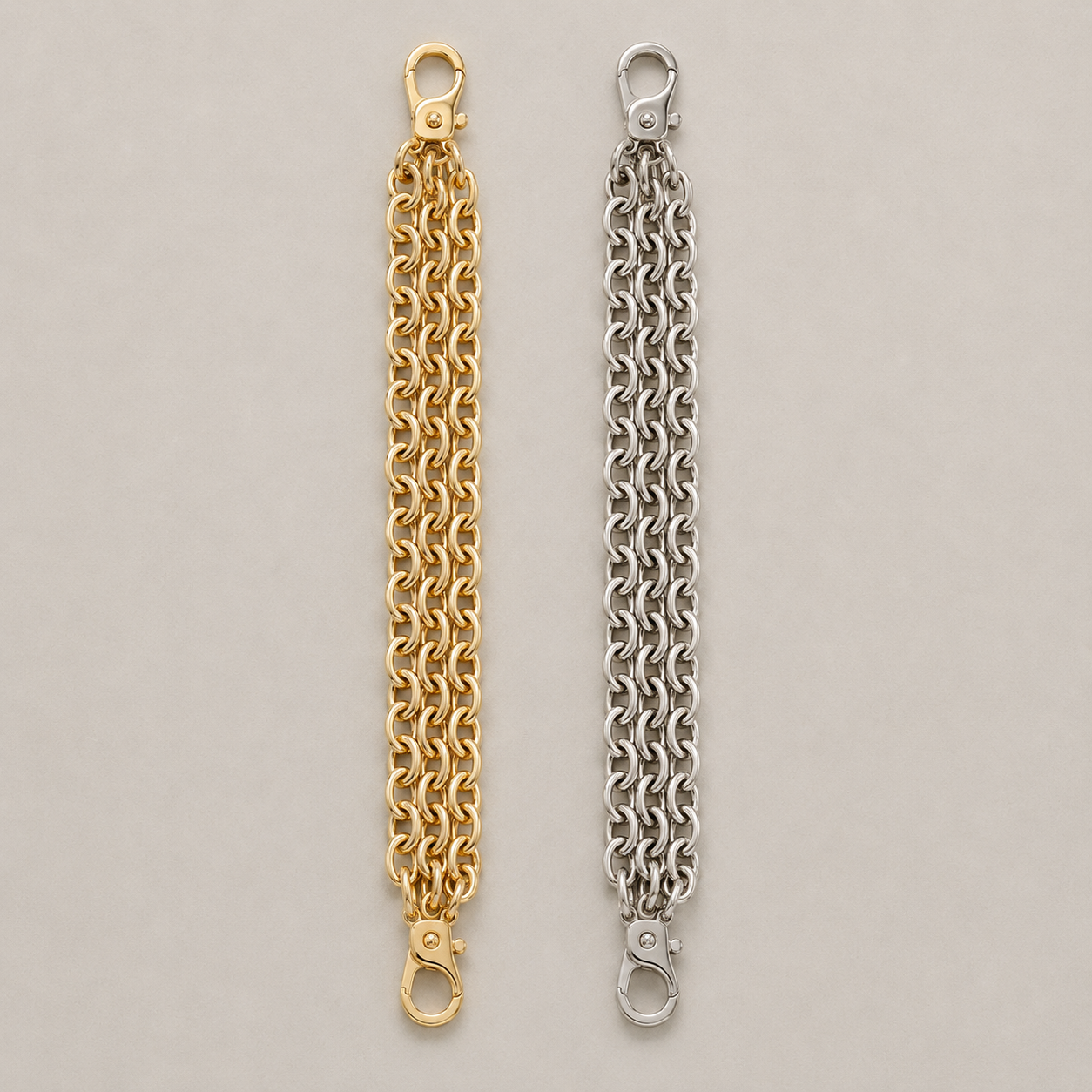 JaneFinds Convertible Triple Mariner Extenders in gold and palladium finishes on a warm neutral studio background