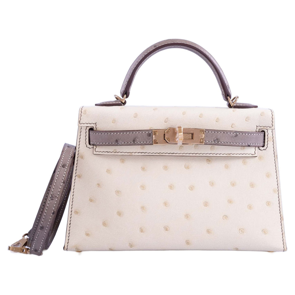 Hermès HSS Kelly Mini 20 Sellier Parchment and Etoupe Ostrich Champagne Hardware