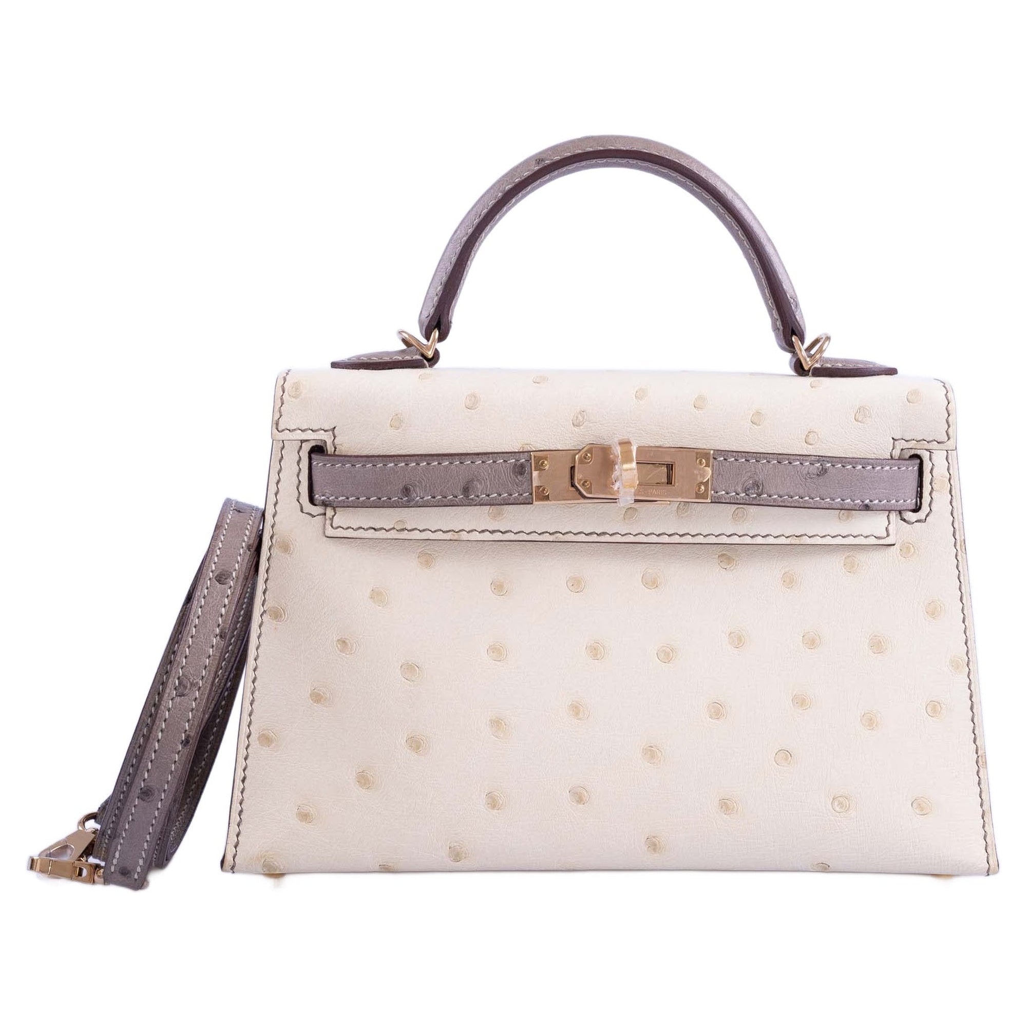 Hermès HSS Kelly Mini 20 Sellier Parchment and Etoupe Ostrich Champagne Hardware