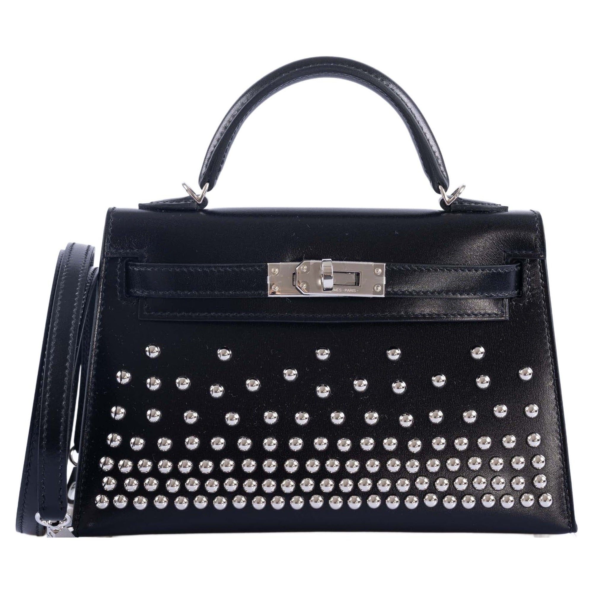 Hermès Clouté Mini Kelly 20 Studded Black Box Palladium Hardware