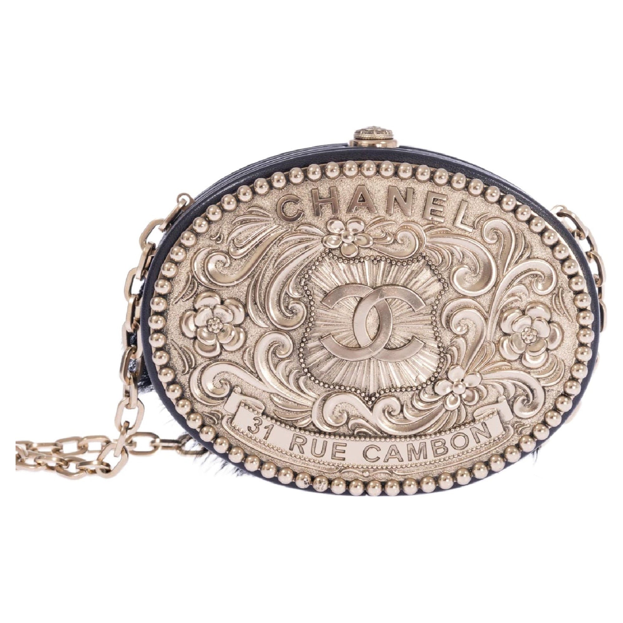Chanel Paris-Dallas Belt Buckle Minaudière Black Lambskin Pony Hair Gold and Palladium Hardware