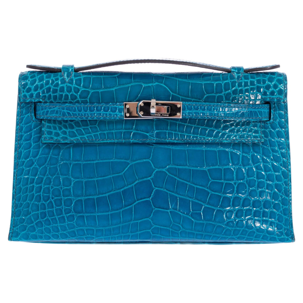 Hermès Kelly Pochette Blue Izmir Shiny Alligator Palladium Hardware