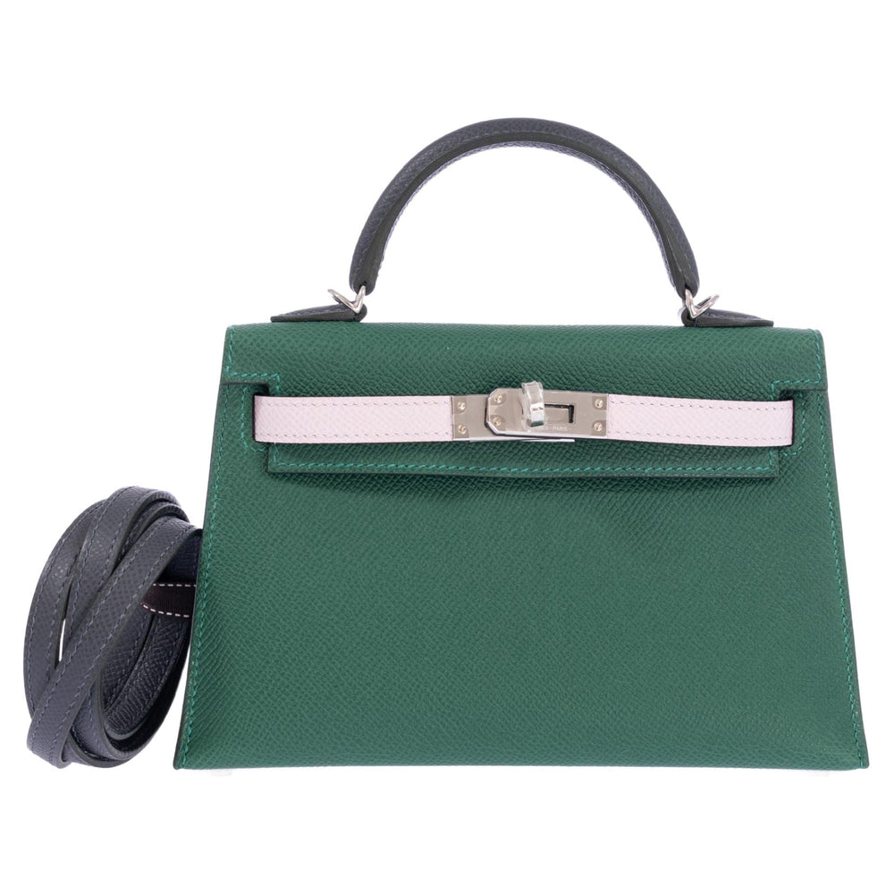 Hermès Vert Moyen / Mauve Pale / Ardoise Kelly 20 Sellier Tricolor Epsom Palladium Hardware