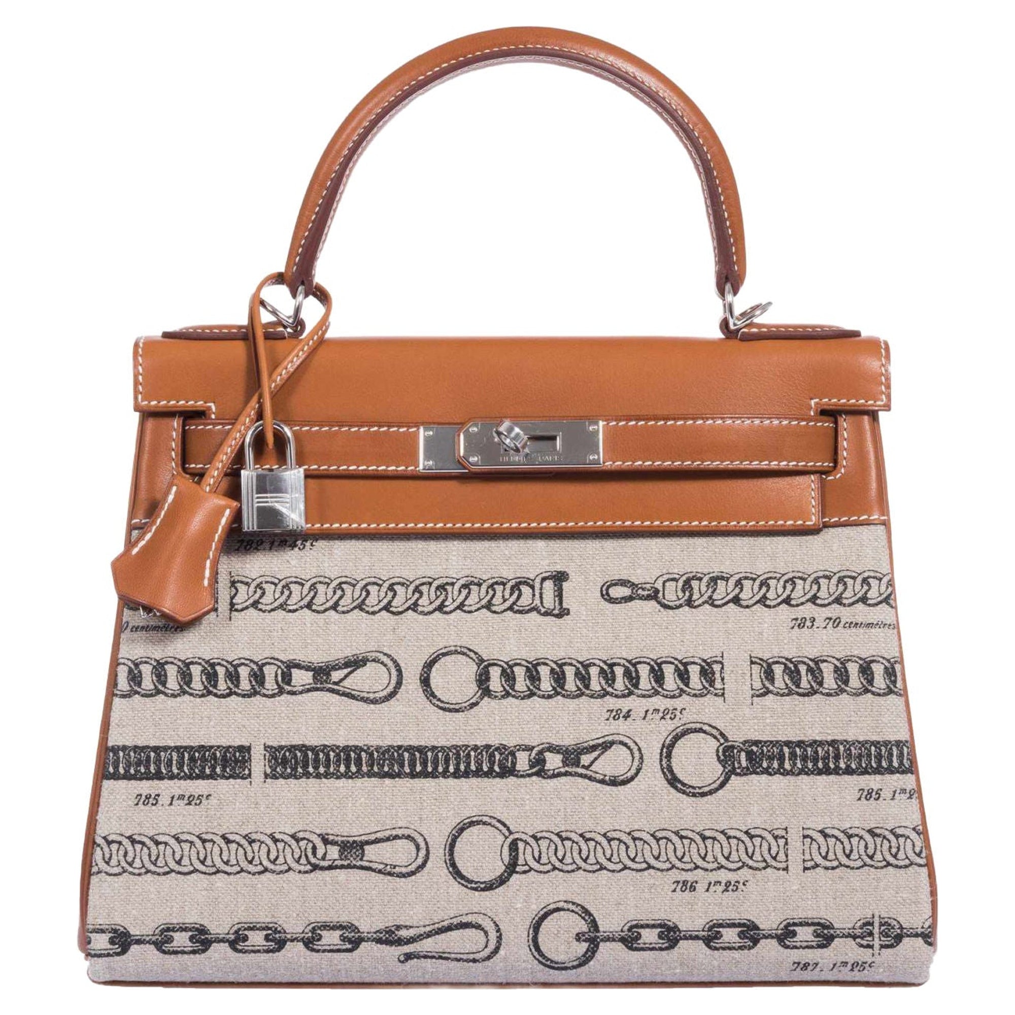 Hermès Kelly 28 De Camp Dechainee Toile And Fauve Barenia Palladium Hardware