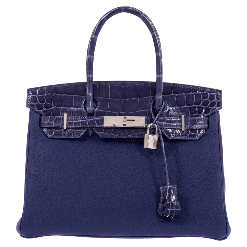 Hermès Touch Birkin 30 Bleu Encre Togo and Shiny Niloticus Crocodile Palladium Hardware