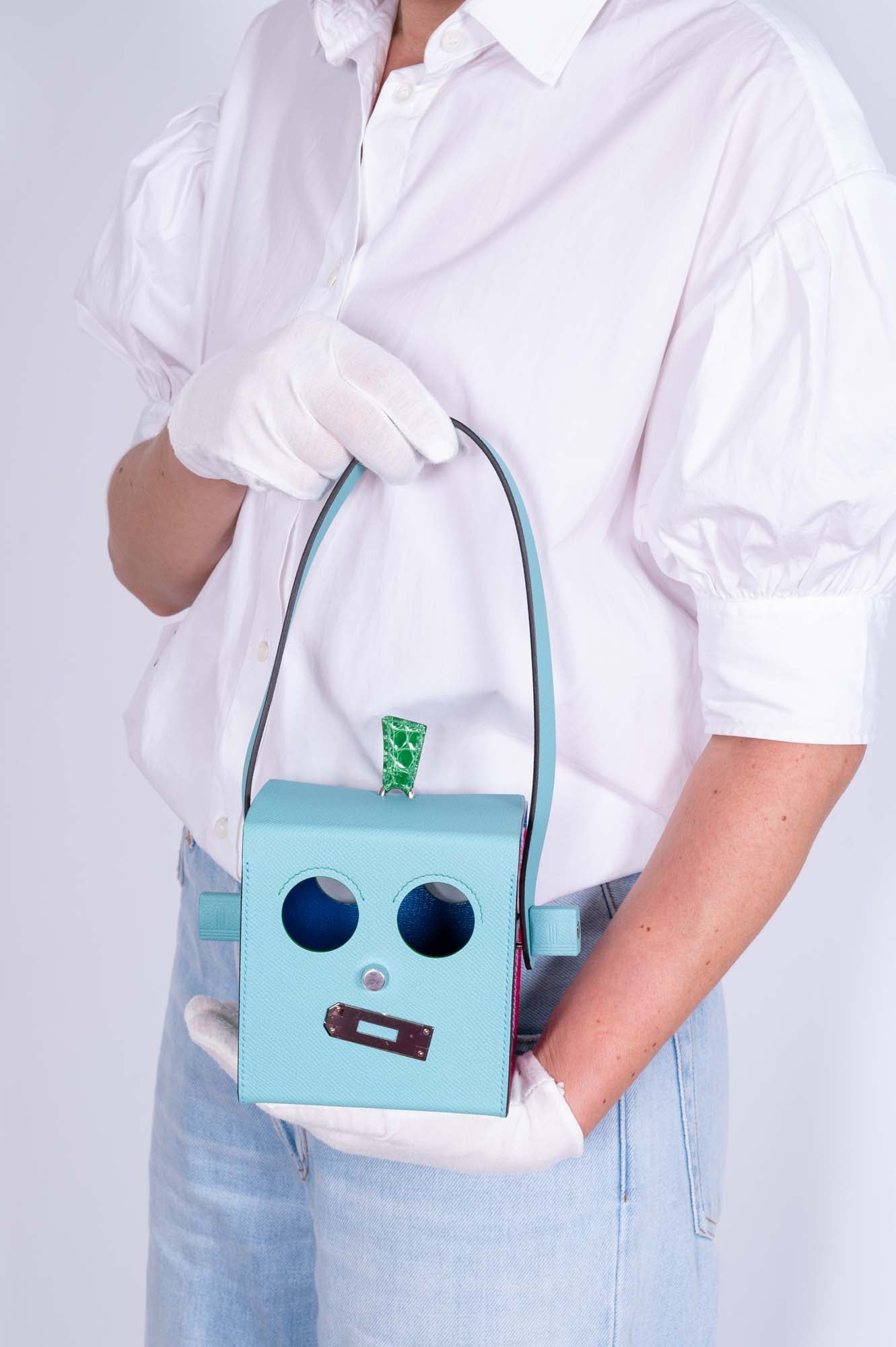 Hermès petit h Robot Buddy Bag in Turquoise Epsom with Blue Frida, Vert Émeraude Crocodile, and Fuchsia Crocodile