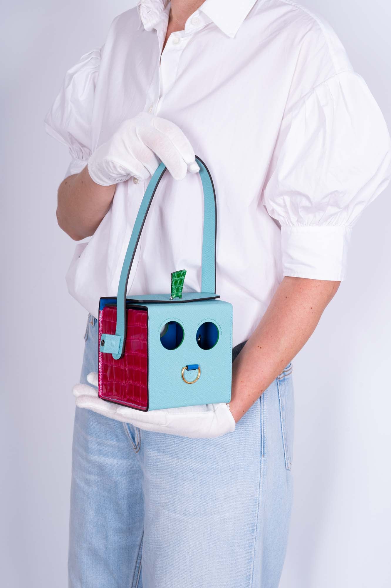Hermès petit h Robot Buddy Bag in Turquoise Epsom with Blue Frida, Vert Émeraude Crocodile, and Fuchsia Crocodile