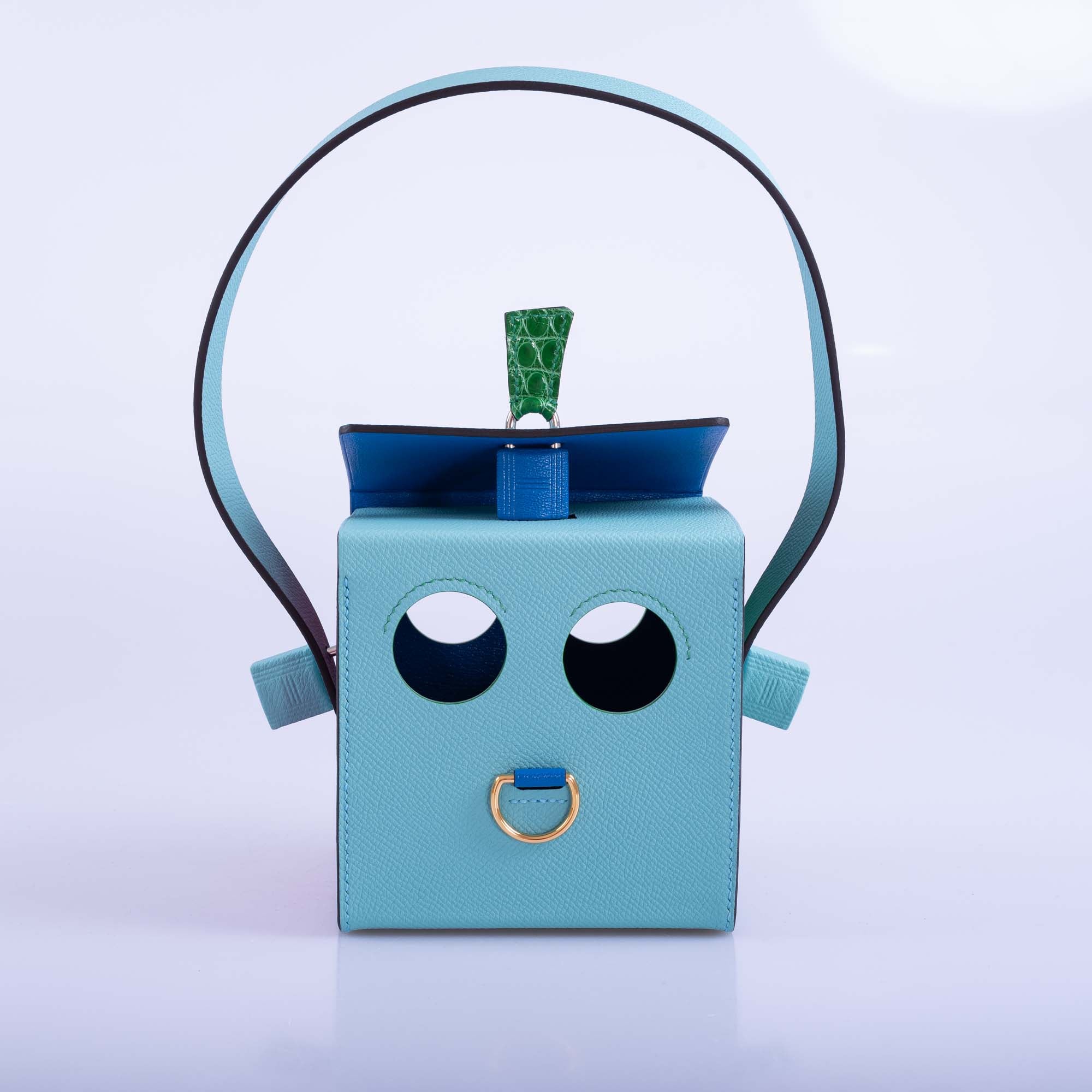Hermès petit h Robot Buddy Bag in Turquoise Epsom with Blue Frida, Vert Émeraude Crocodile, and Fuchsia Crocodile