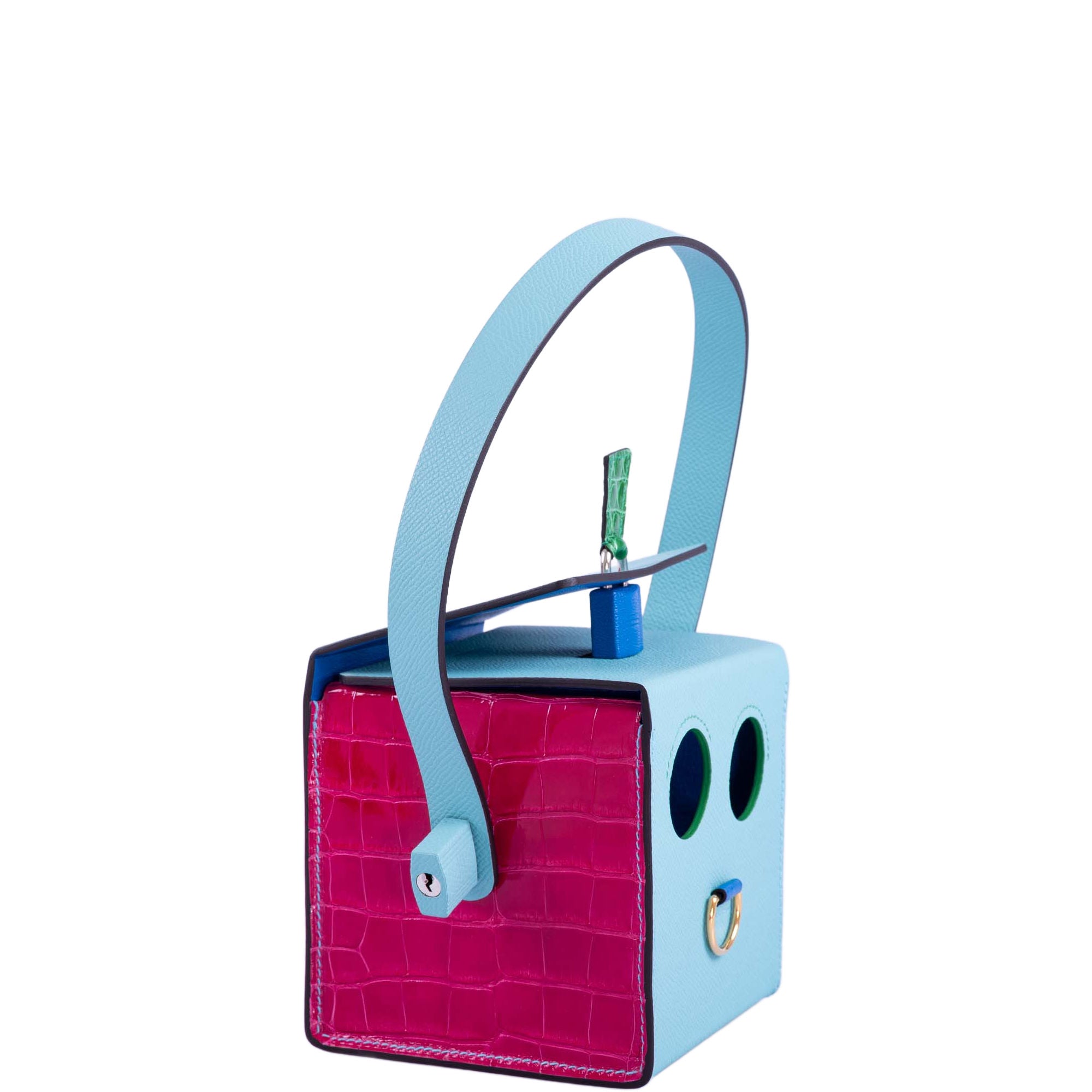 Hermès petit h Robot Buddy Bag in Turquoise Epsom with Blue Frida, Vert Émeraude Crocodile, and Fuchsia Crocodile