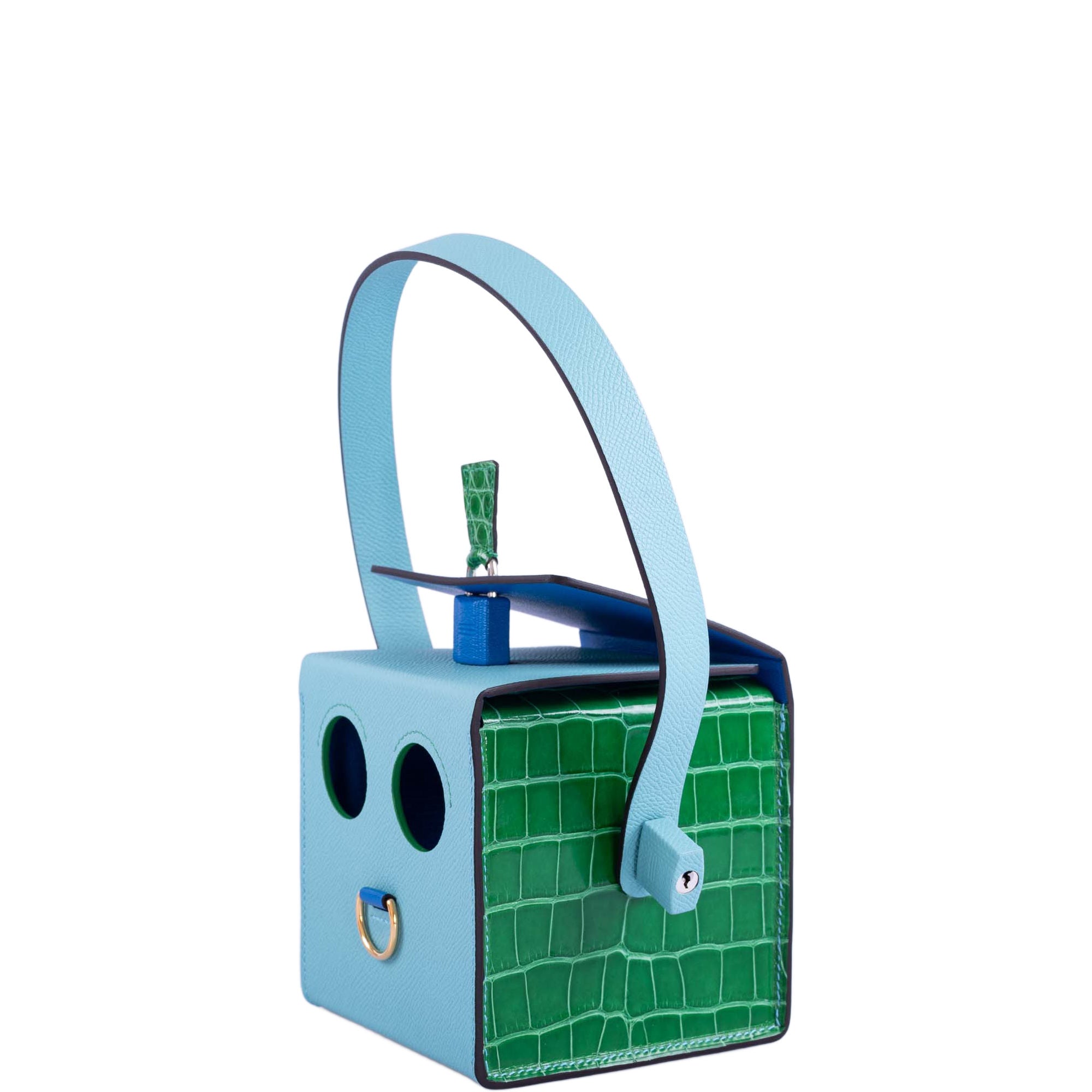 Hermès petit h Robot Buddy Bag in Turquoise Epsom with Blue Frida, Vert Émeraude Crocodile, and Fuchsia Crocodile