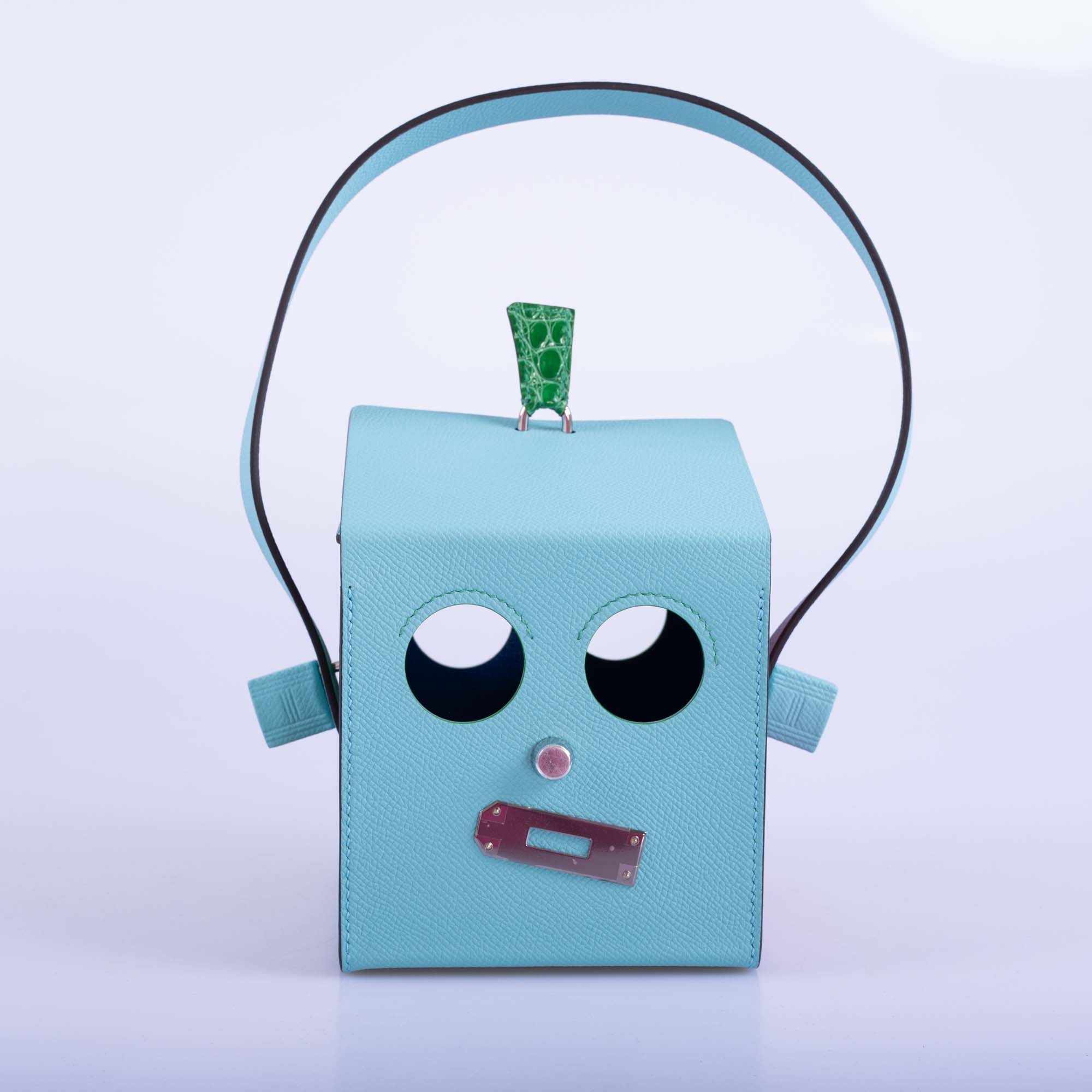 Hermès petit h Robot Buddy Bag in Turquoise Epsom with Blue Frida, Vert Émeraude Crocodile, and Fuchsia Crocodile
