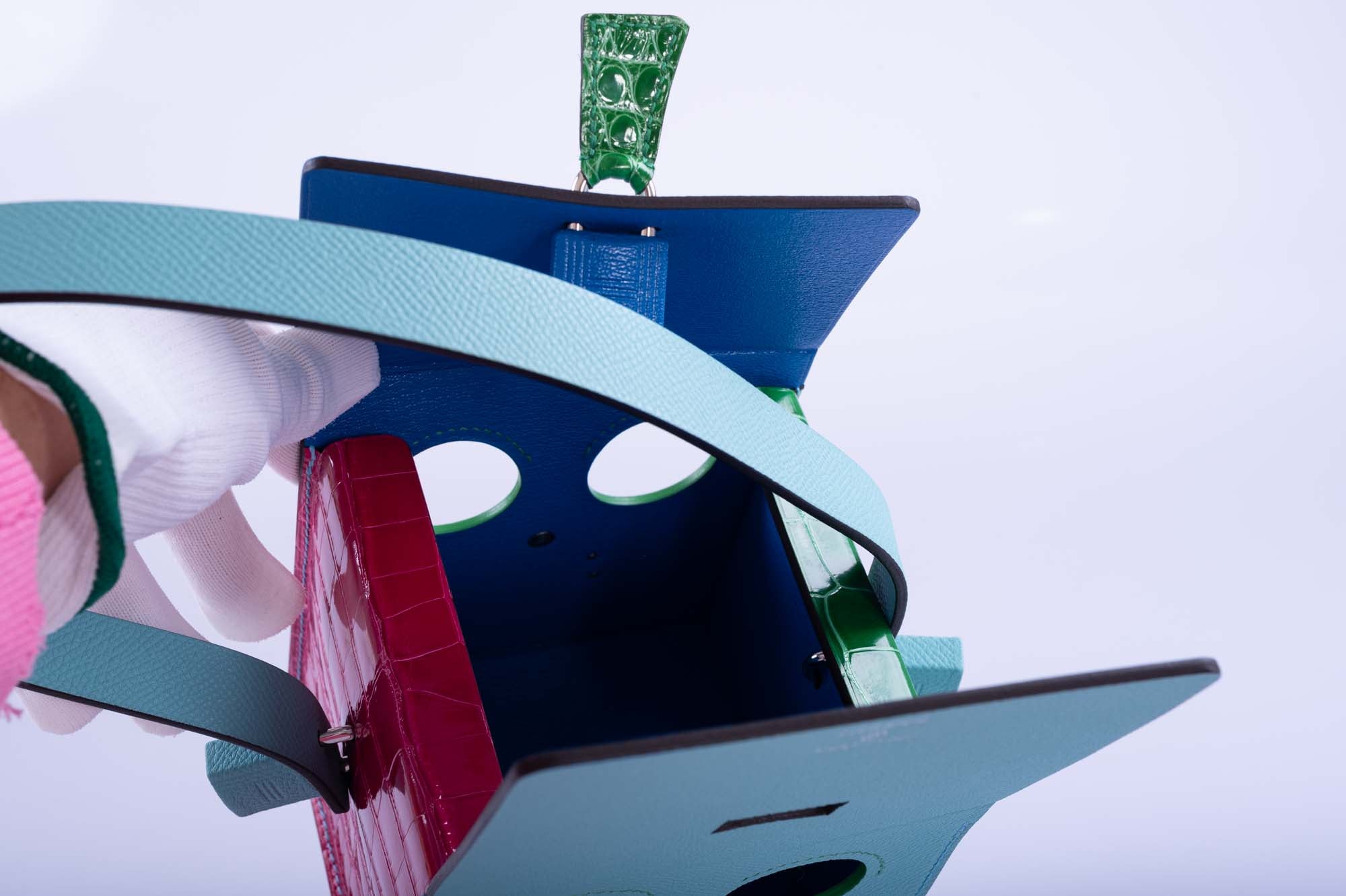 Hermès petit h Robot Buddy Bag in Turquoise Epsom with Blue Frida, Vert Émeraude Crocodile, and Fuchsia Crocodile