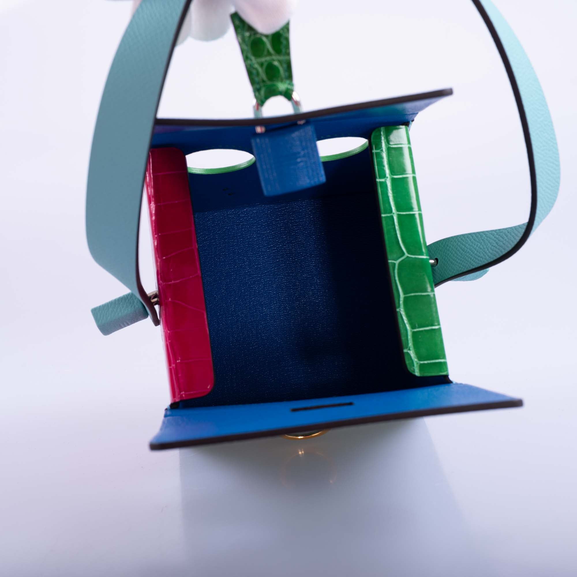Hermès petit h Robot Buddy Bag in Turquoise Epsom with Blue Frida, Vert Émeraude Crocodile, and Fuchsia Crocodile