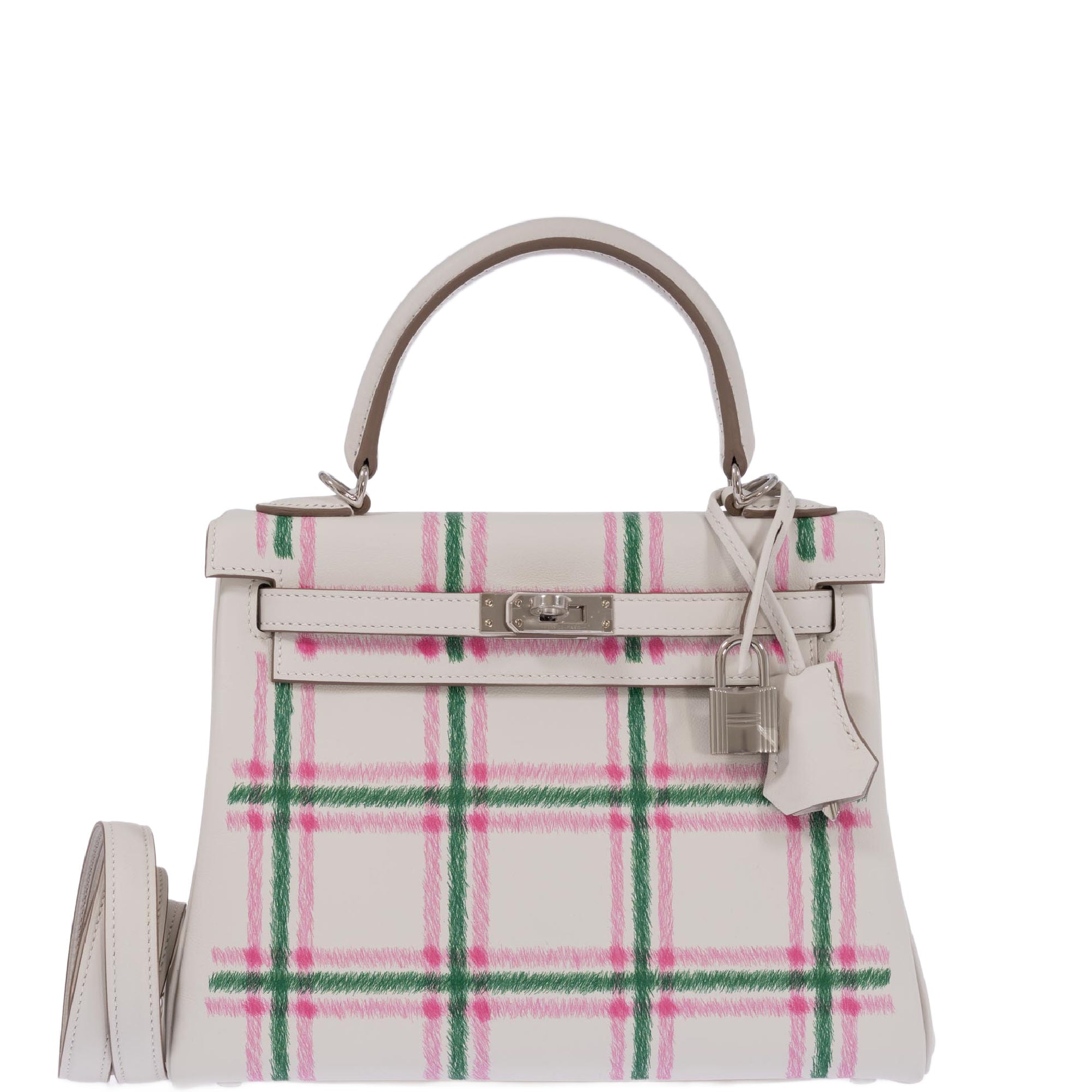 Hermès Kelly 25 Retourne “Tartan Light” Gris Pale, Vert Moyen, and Bubblegum Swift with Palladium Hardware