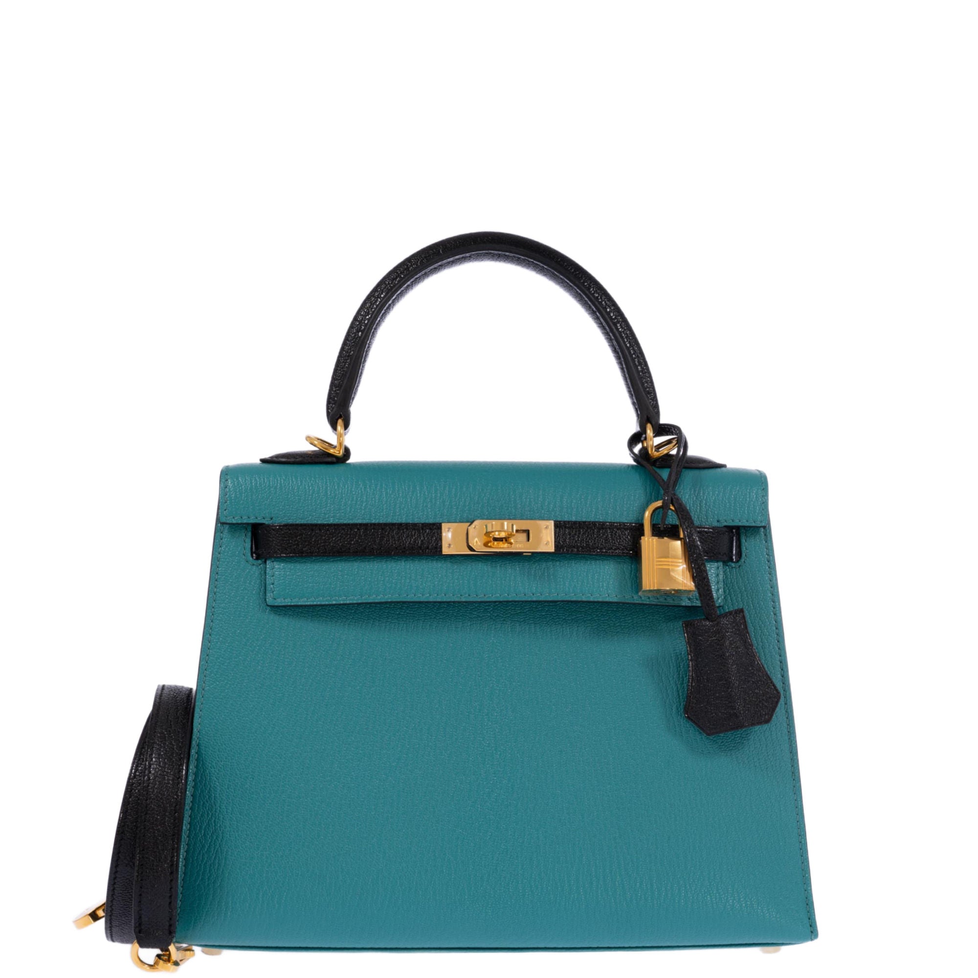Hermès Kelly 25 Sellier HSS Blue Paon & Black Chevre Mysore Gold Hardware