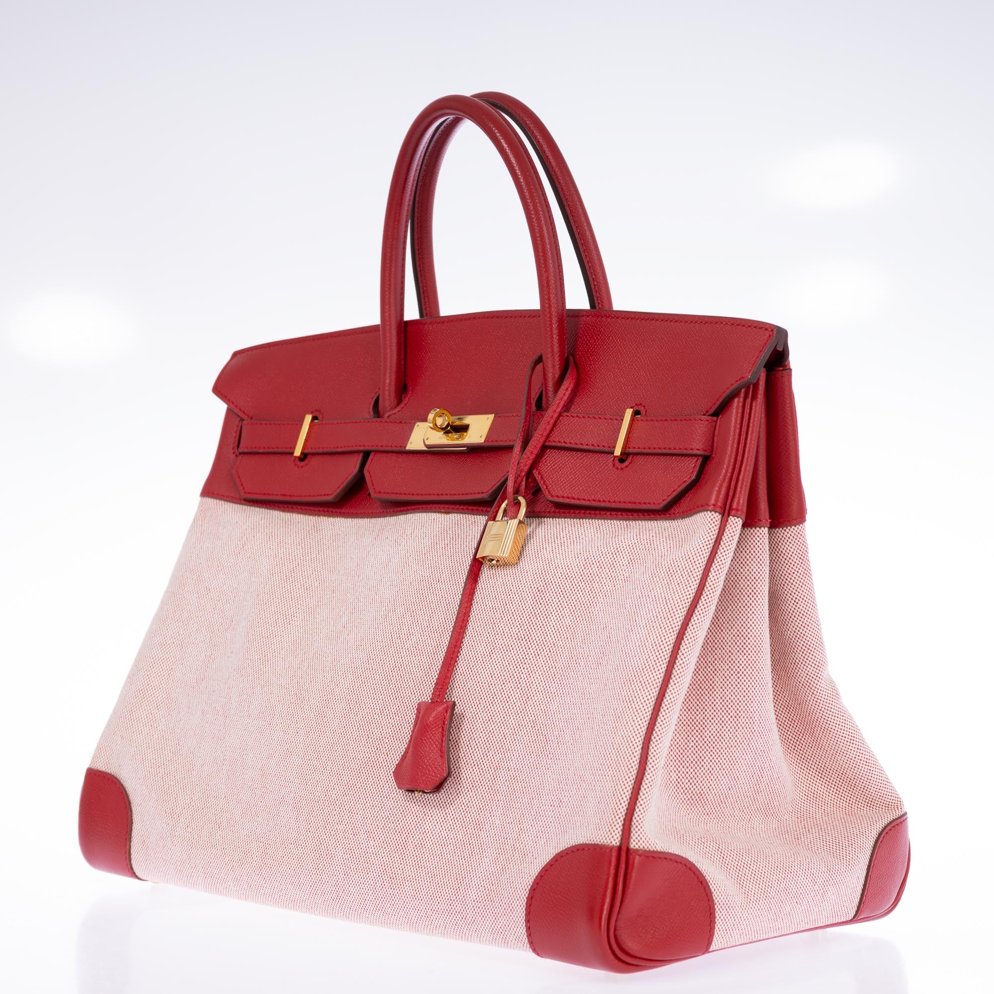 Hermès Birkin 40 Rouge Vif Toile and Courchevel with Gold Hardware