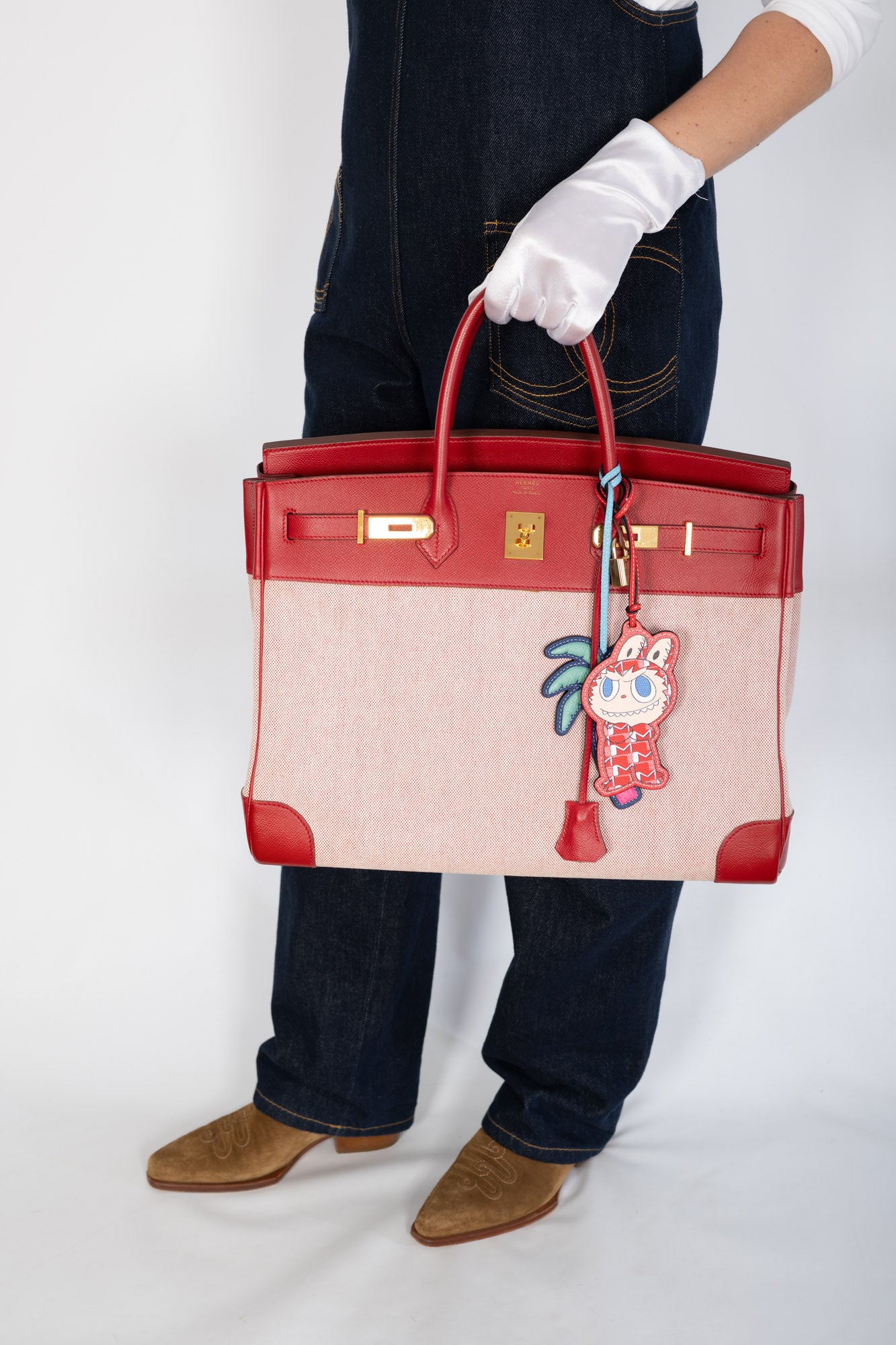 Hermès Birkin 40 Rouge Vif Toile and Courchevel with Gold Hardware