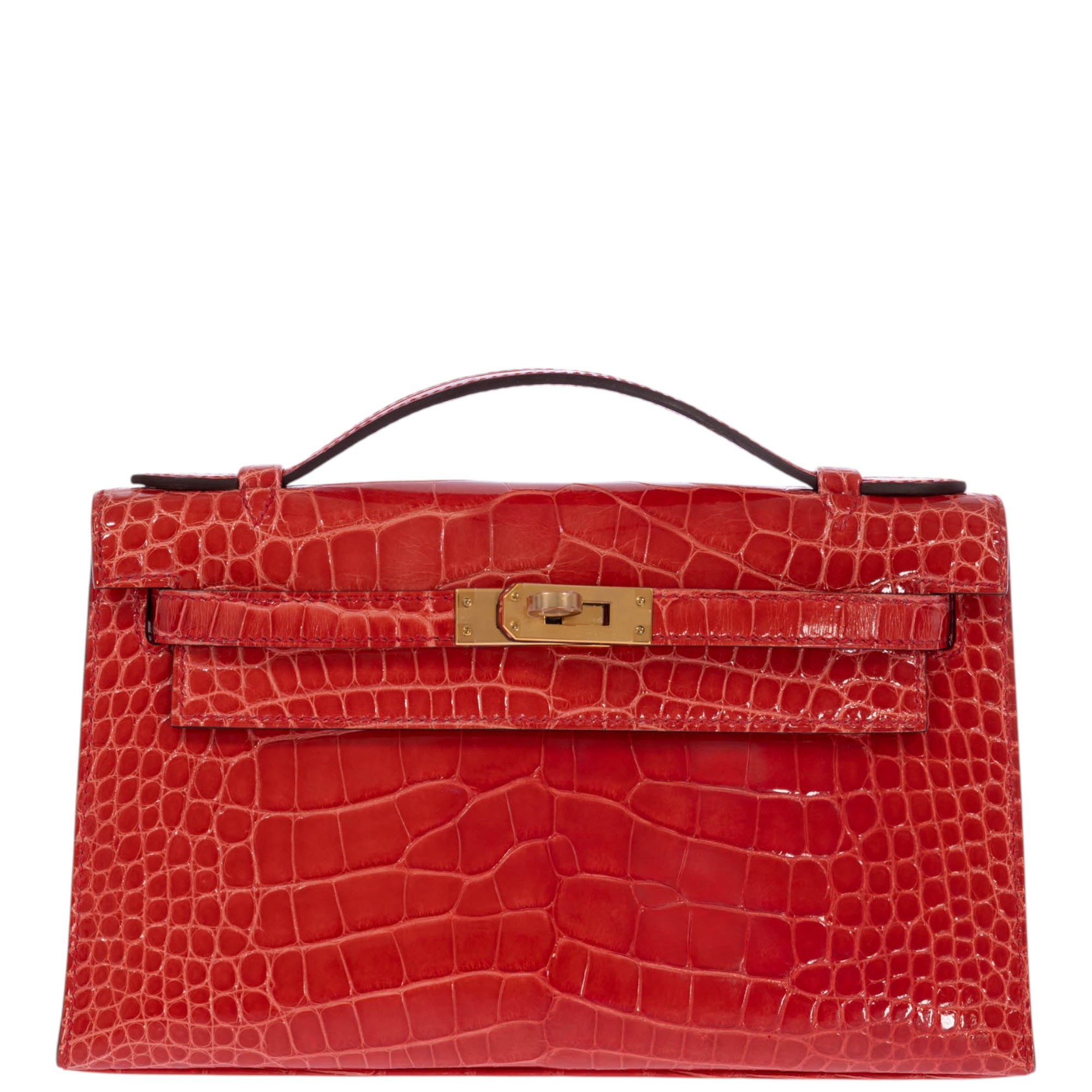 Hermès Kelly Pochette Rouge de Coeur Shiny Alligator Gold Hardware