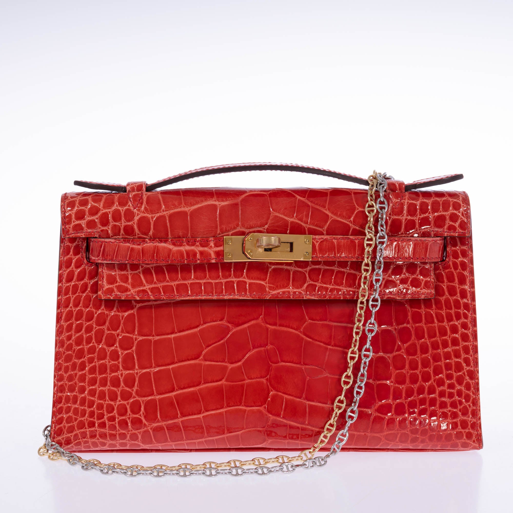 Hermès Kelly Pochette Rouge de Coeur Shiny Alligator Gold Hardware