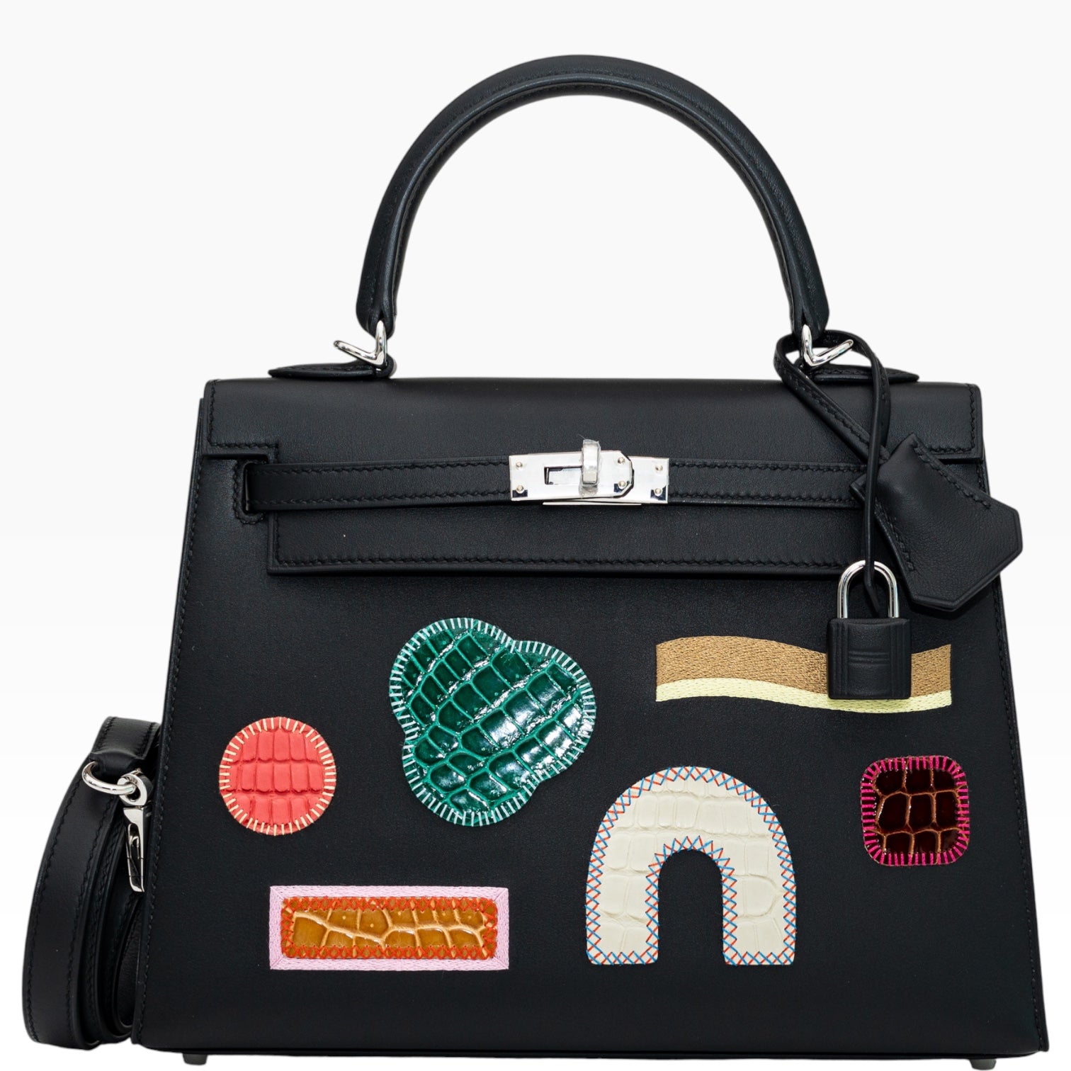 Hermès Kelly 25 Sellier Broderie Colla Noir Swift & Niloticus Crocodile Palladium Hardware