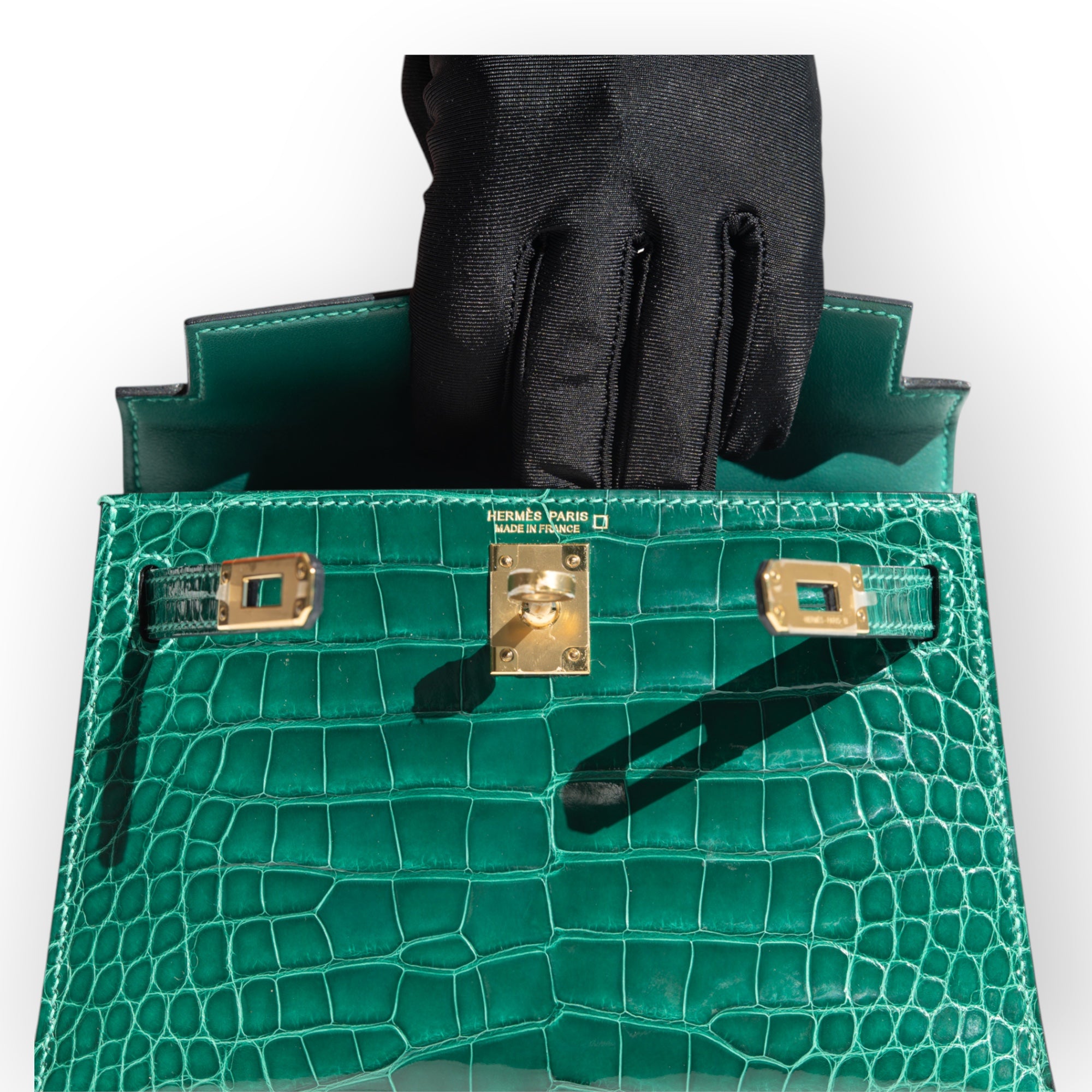 Hermès Mini Kelly II Sellier Vert Émeraude Shiny Alligator Gold Hardware