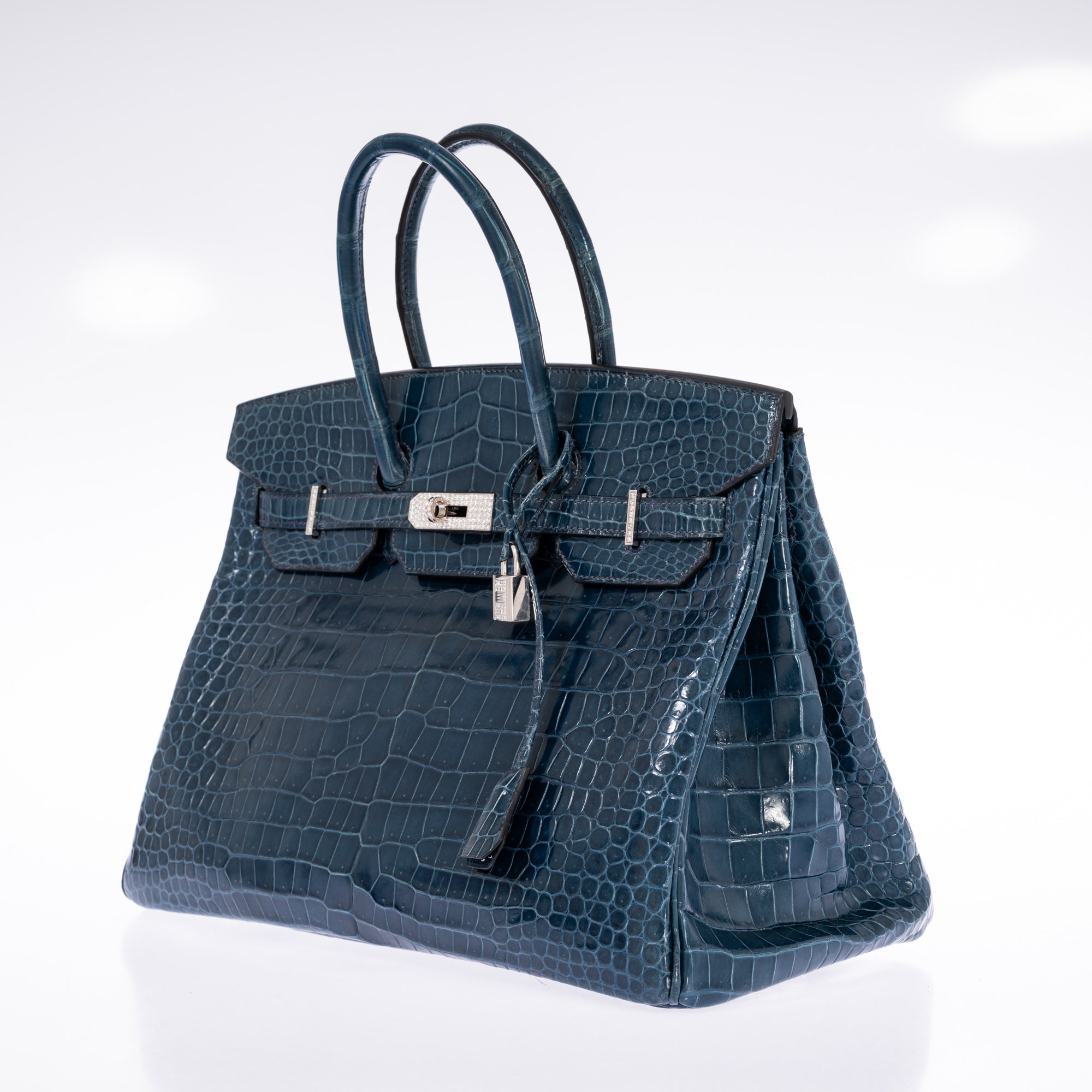 Hermès Birkin 35 Bleu Roi Shiny Porosus Crocodile 18K White Gold Diamond Hardware