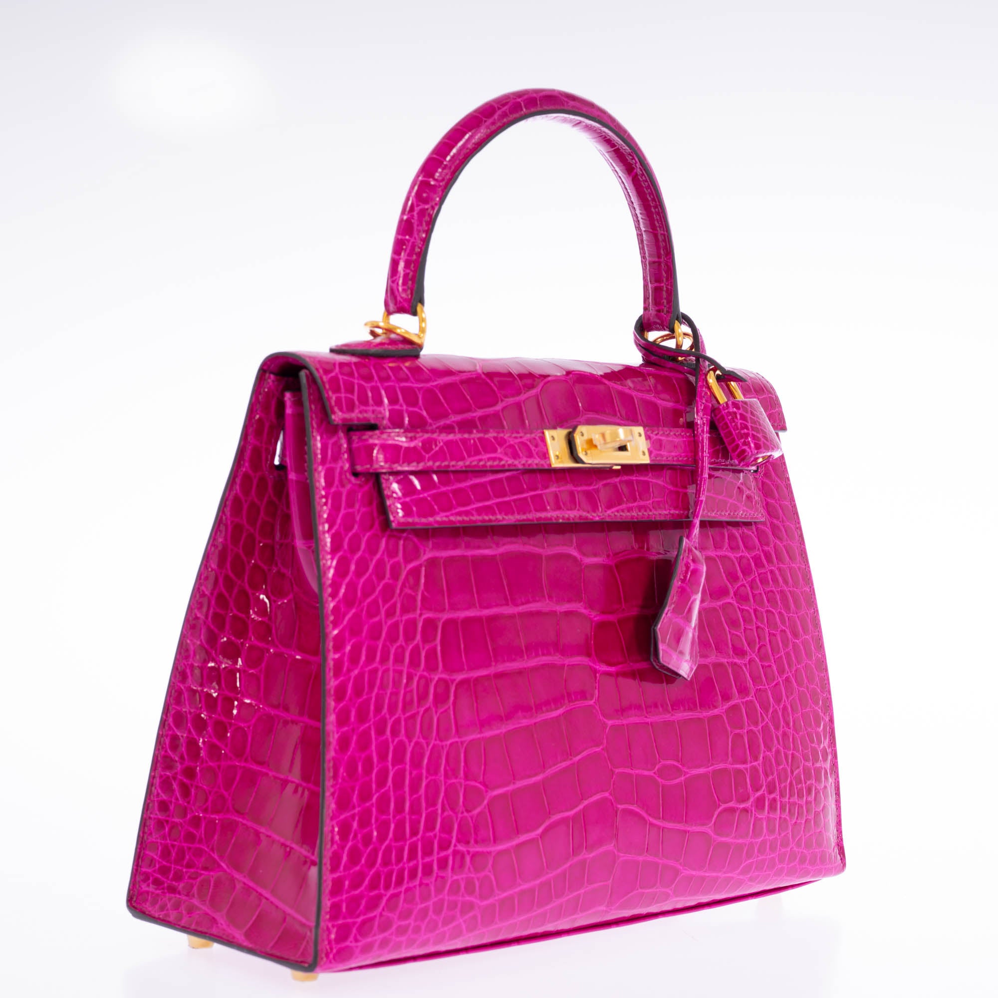 Hermès Kelly 25 Sellier Rose Pourpre Shiny Niloticus Crocodile Gold Hardware