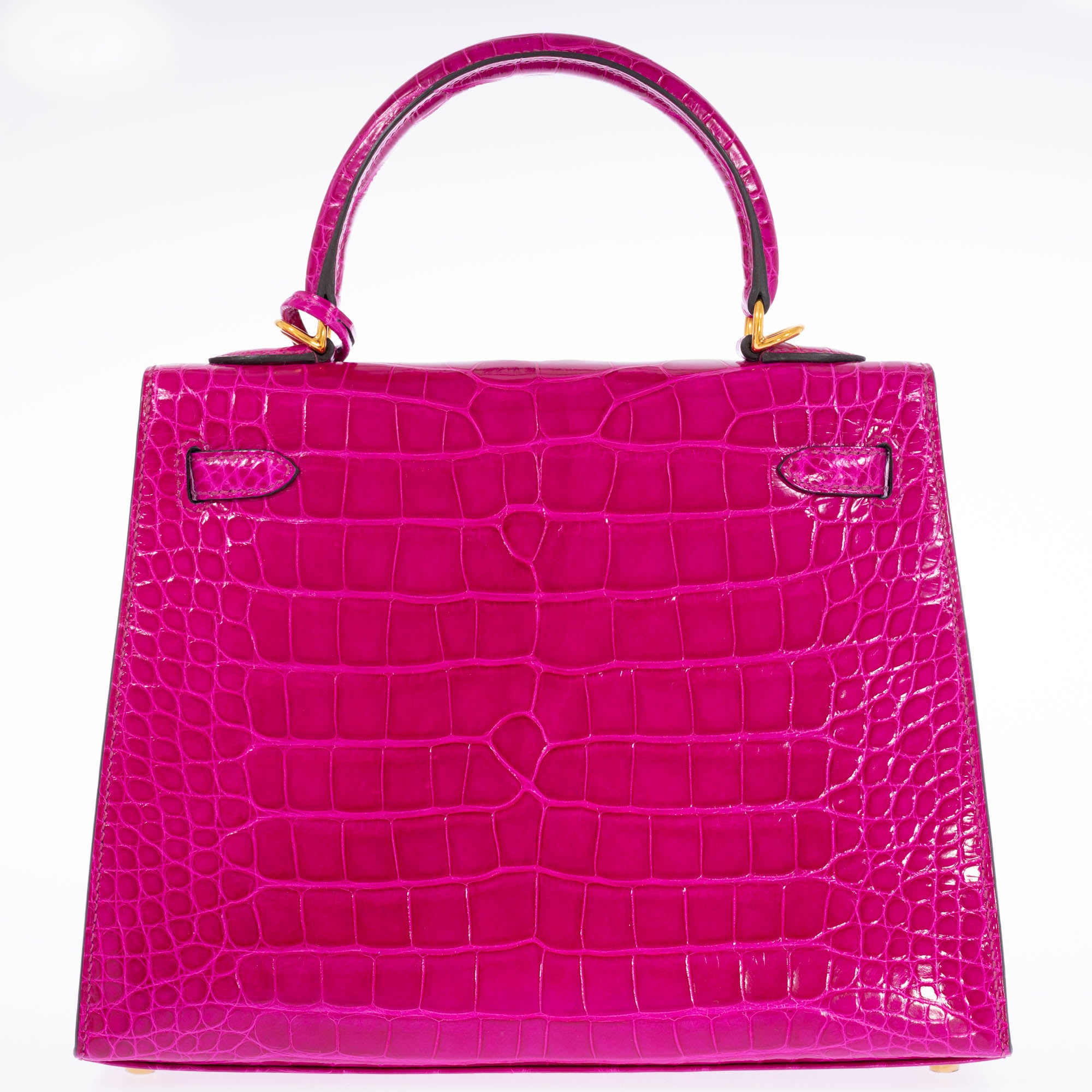 Hermès Kelly 25 Sellier Rose Pourpre Shiny Niloticus Crocodile Gold Hardware