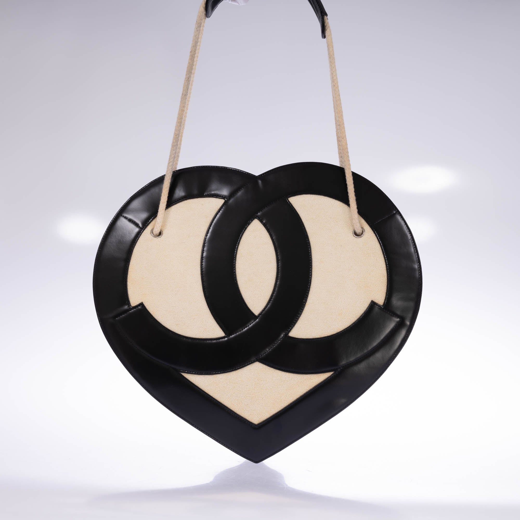Chanel Jumbo Heart Tote Cream Terry Cloth and Black Lambskin Silver Hardware