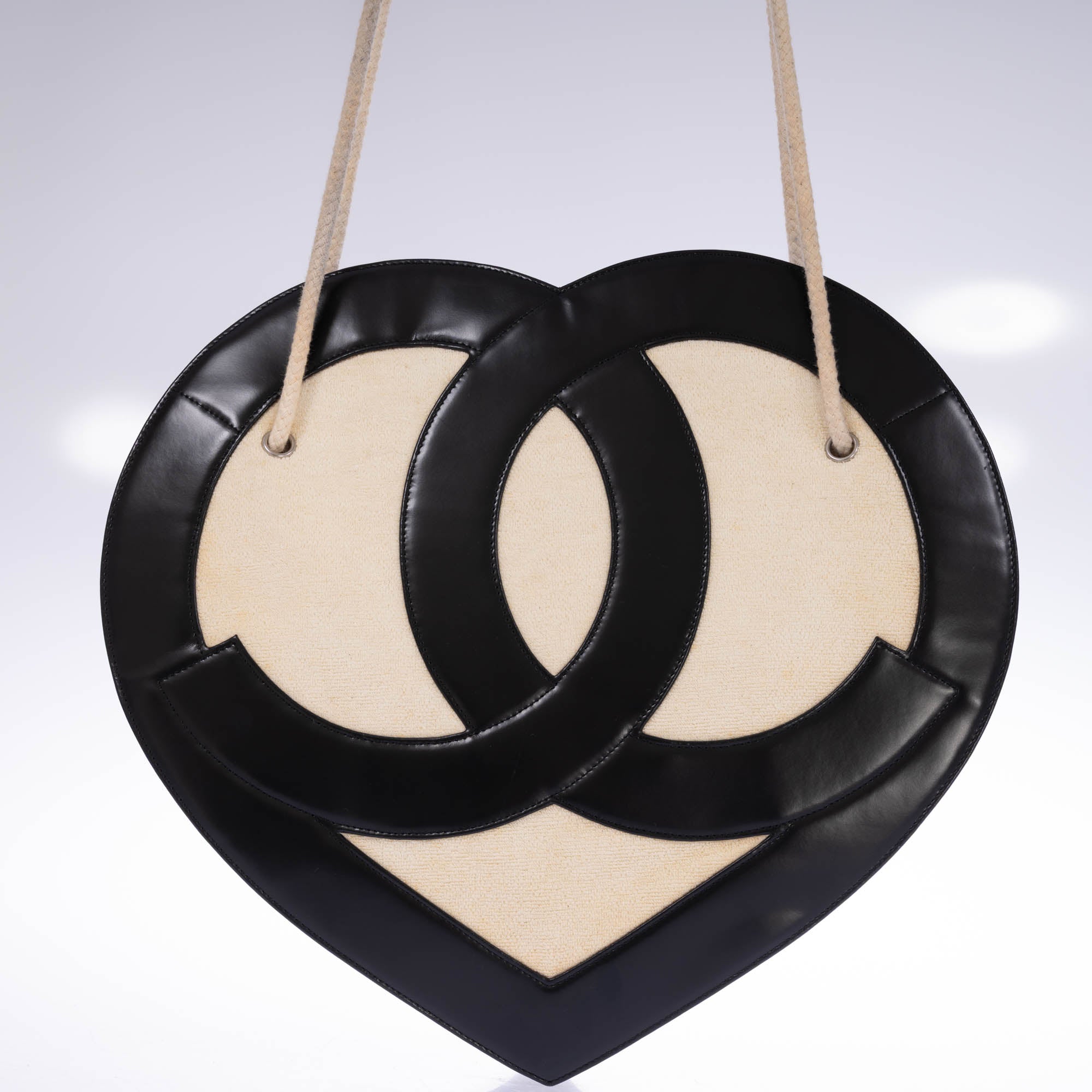 Chanel Jumbo Heart Tote Cream Terry Cloth and Black Lambskin Silver Hardware