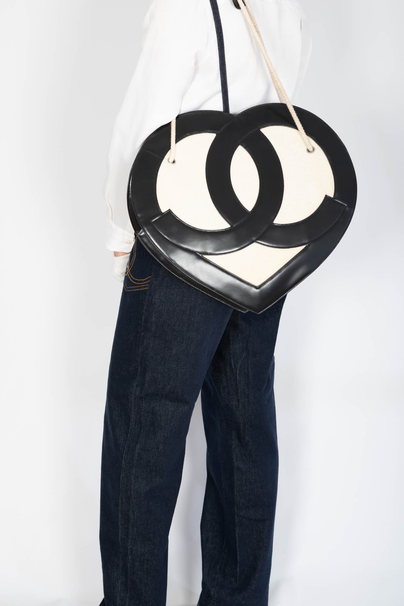 Chanel Jumbo Heart Tote Cream Terry Cloth and Black Lambskin Silver Hardware