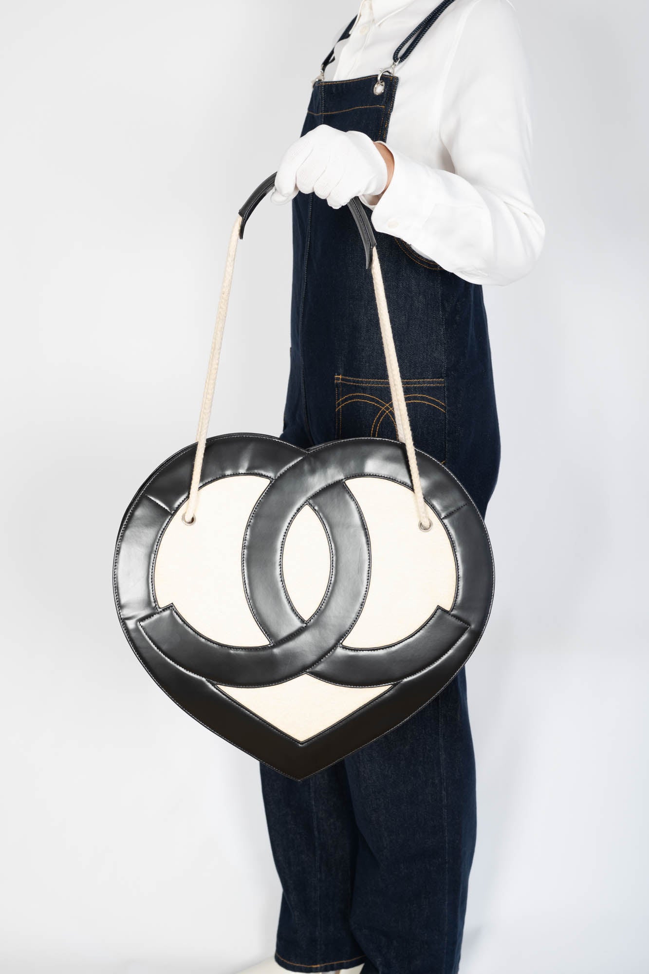 Chanel Jumbo Heart Tote Cream Terry Cloth and Black Lambskin Silver Hardware