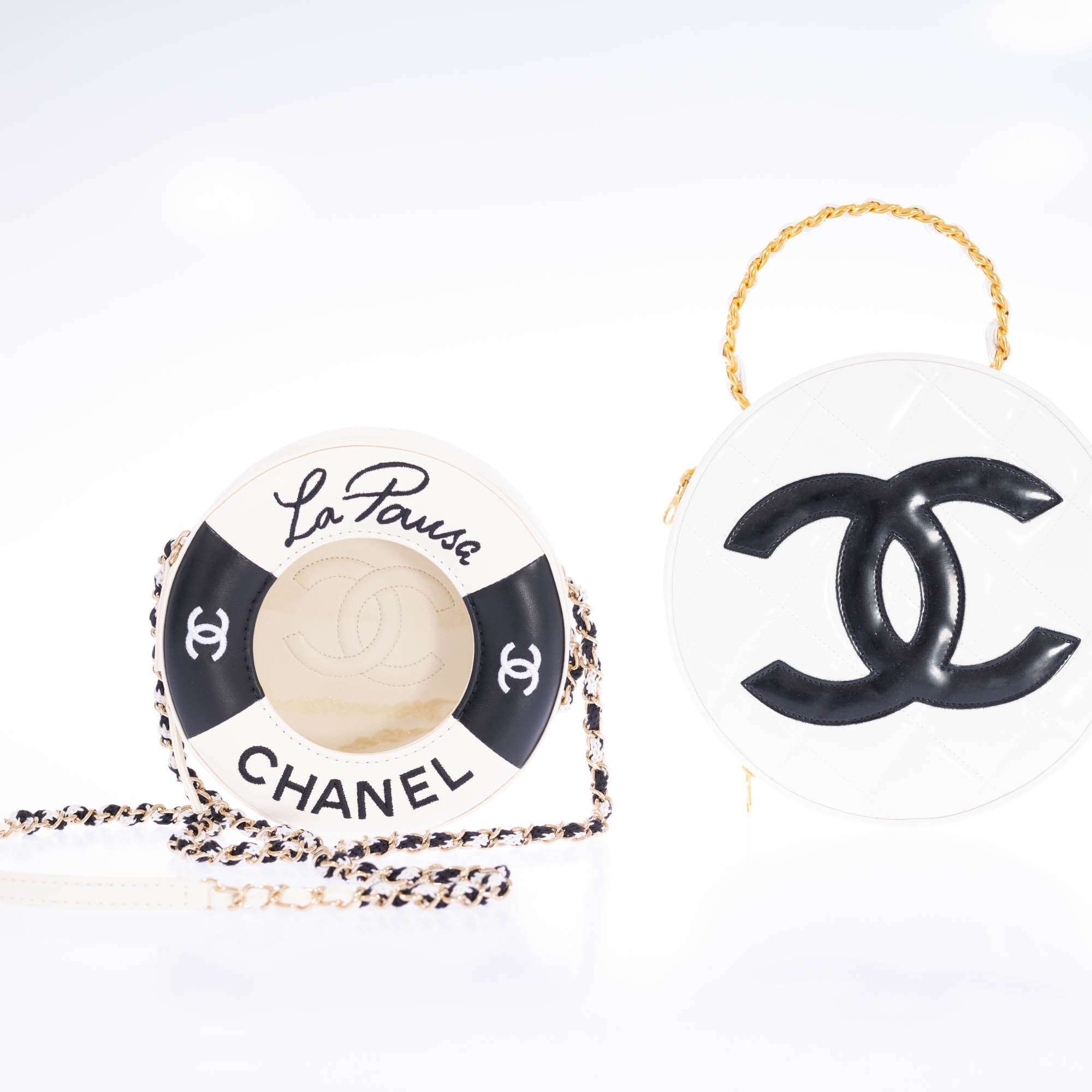 Chanel La Pausa Lifesaver Round Bag White and Black Lambskin Gold Hardware