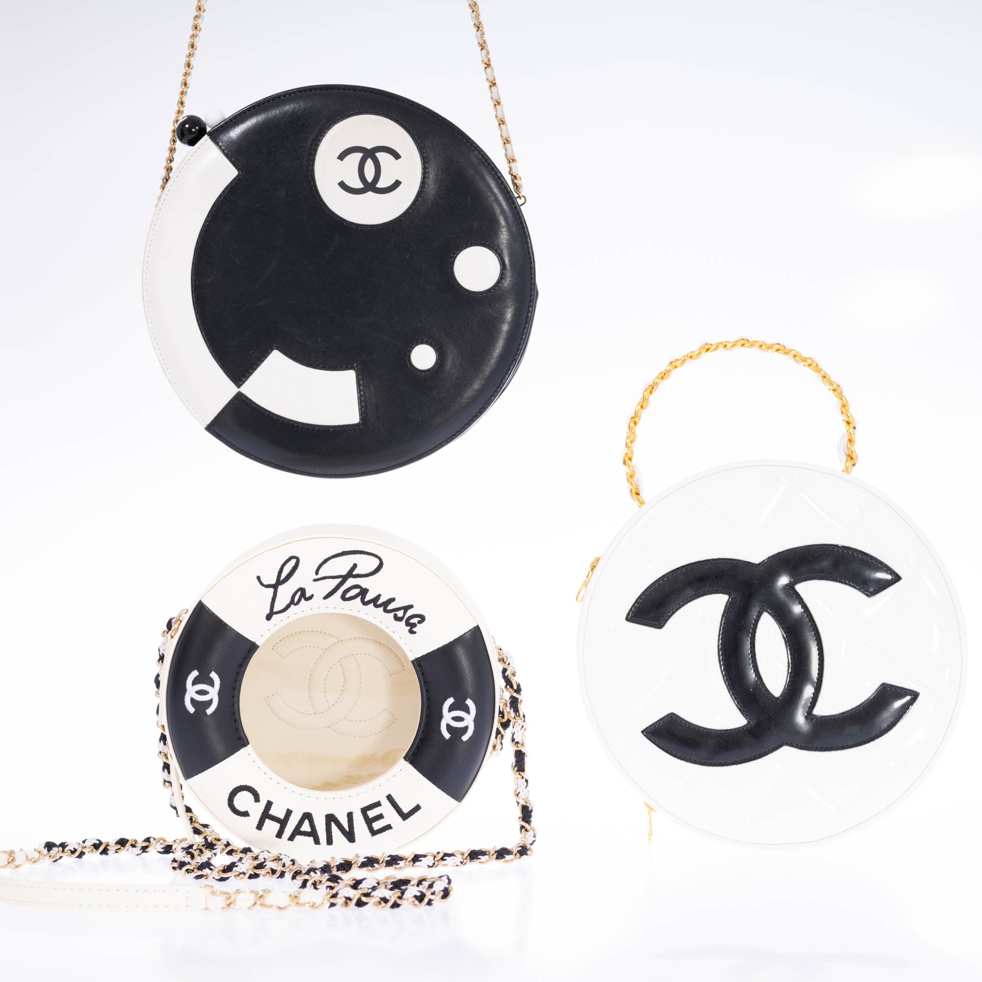 Chanel La Pausa Lifesaver Round Bag White and Black Lambskin Gold Hardware