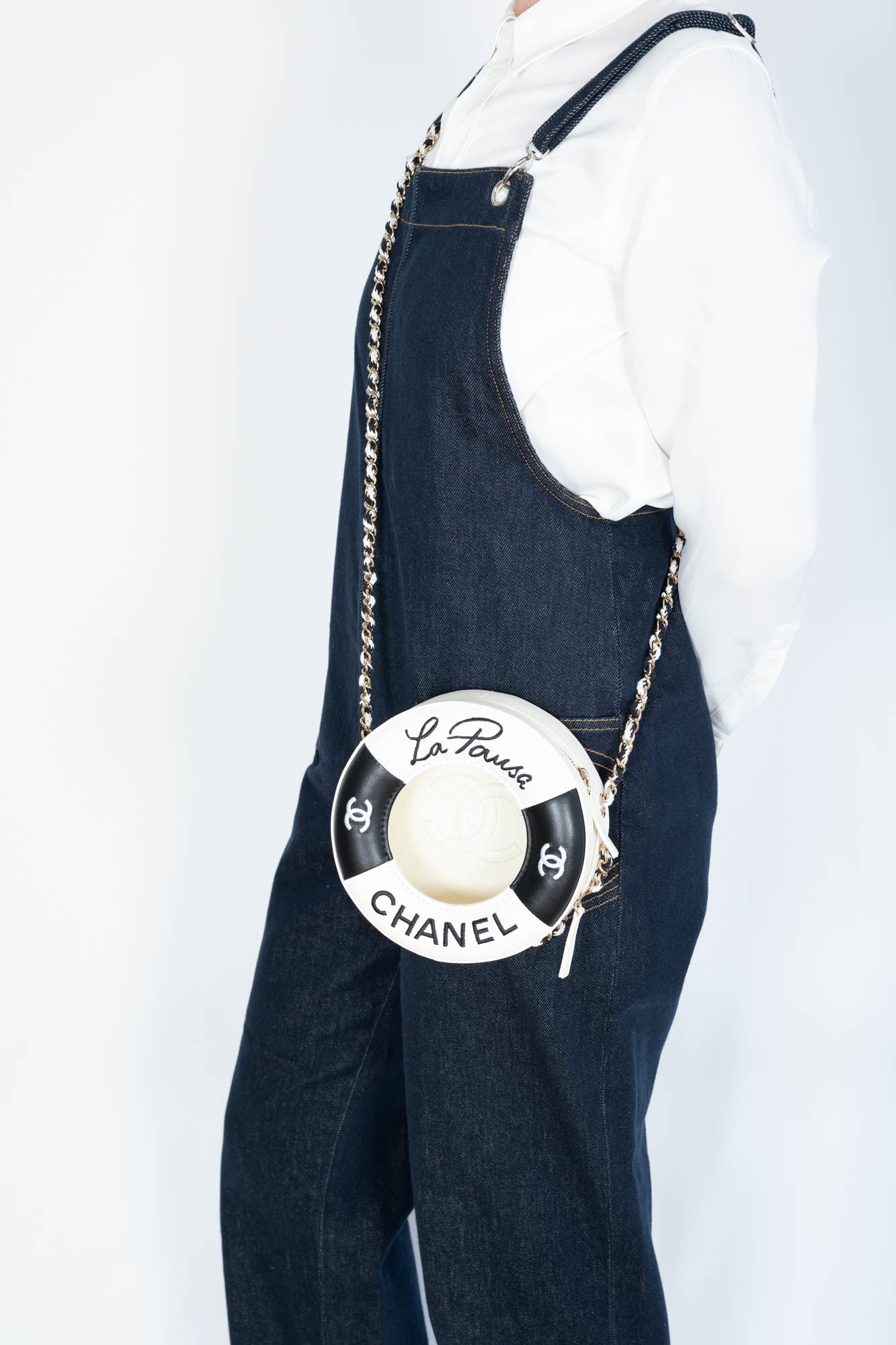 Chanel La Pausa Lifesaver Round Bag White and Black Lambskin Gold Hardware