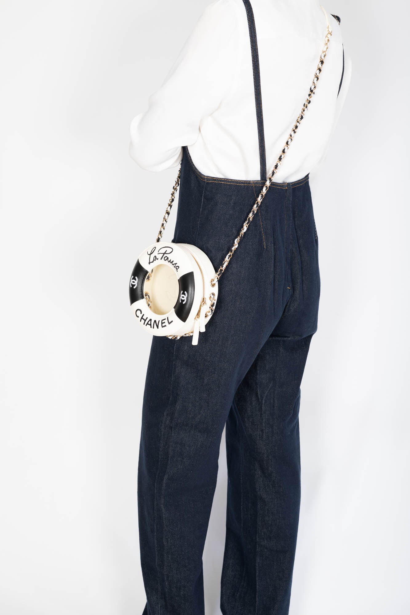 Chanel La Pausa Lifesaver Round Bag White and Black Lambskin Gold Hardware