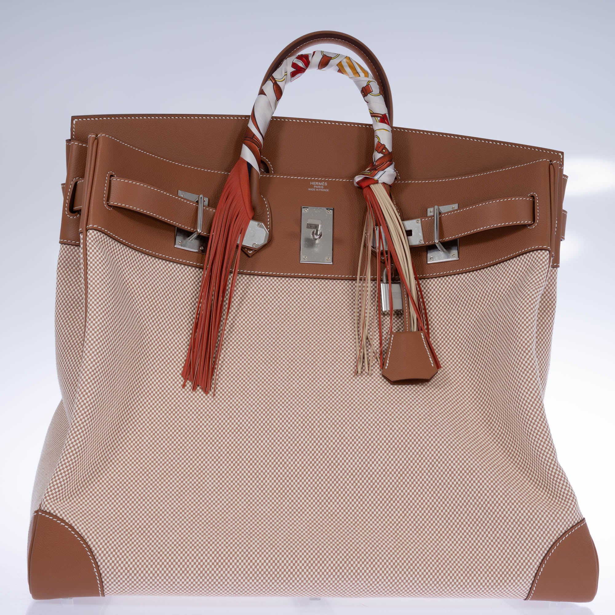 Hermès HAC 50 Ecru Beige Toile Criss and Gold Evercolor Palladium Hardware