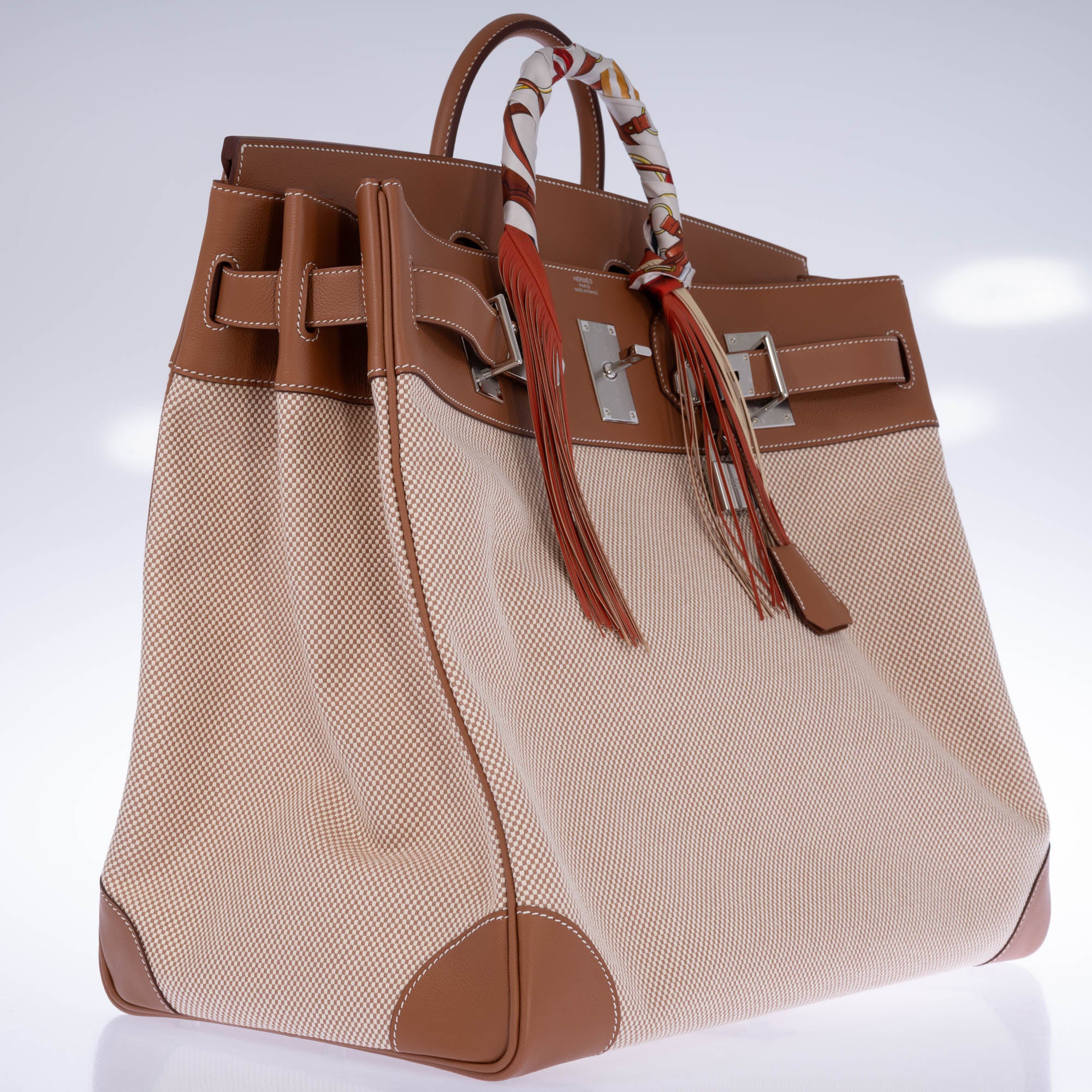 Hermès HAC 50 Ecru Beige Toile Criss and Gold Evercolor Palladium Hardware