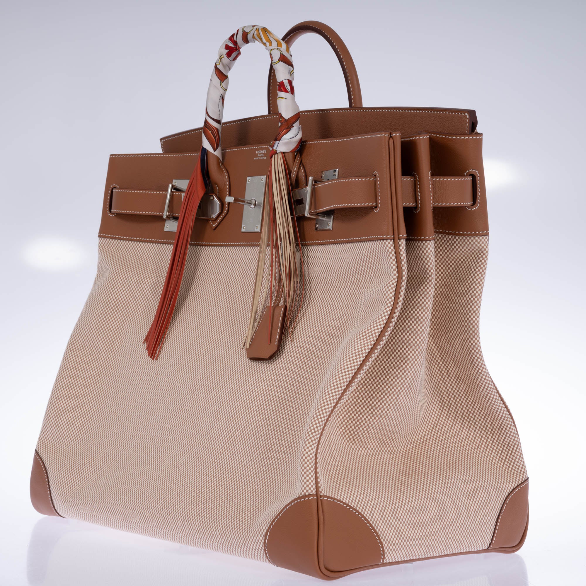 Hermès HAC 50 Ecru Beige Toile Criss and Gold Evercolor Palladium Hardware