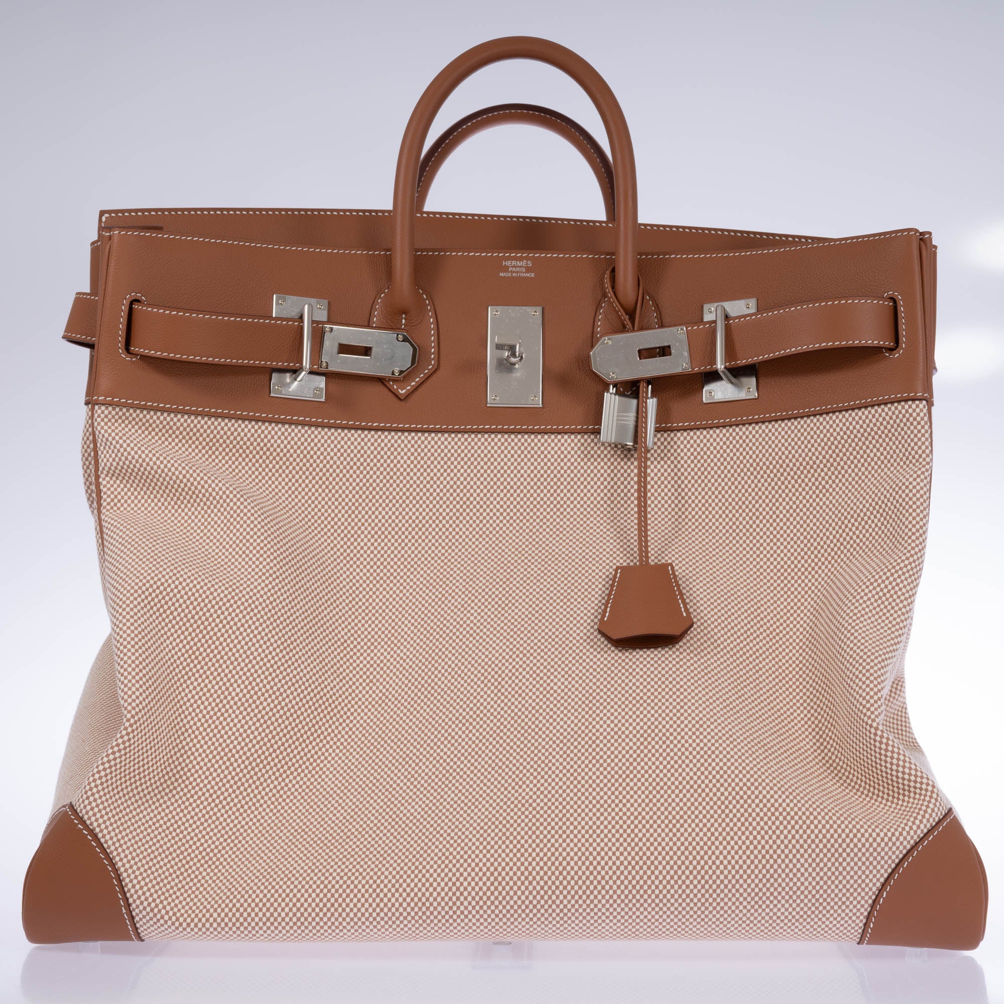 Hermès HAC 50 Ecru Beige Toile Criss and Gold Evercolor Palladium Hardware