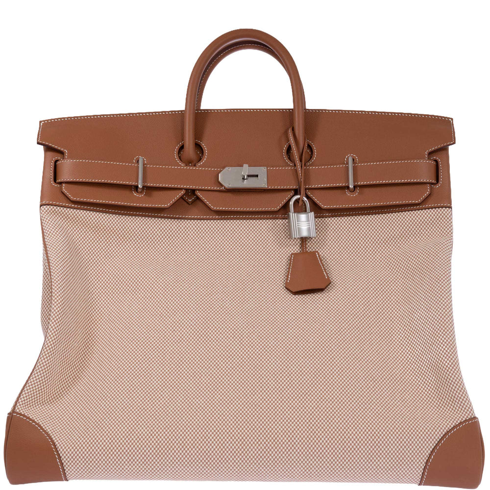 Hermès HAC 50 Ecru Beige Toile Criss and Gold Evercolor Palladium Hardware